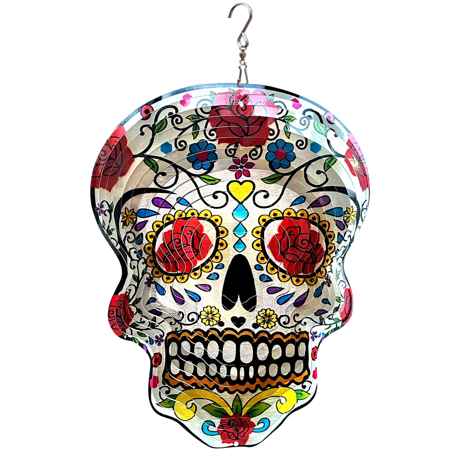 FONMY Kinetic 3D Metal Garden Wind Spinner Quality Hanging Ornament for Home and Garden 12inch Mandala Rose Sugar Skull Wind Spinners