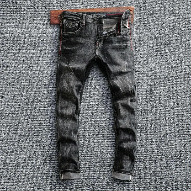 Men Jeans Retro Black Gray9 Elastic Slim Fit Ripped Jeans Mens Trousers Vintage Designer Casual Denim Pants3