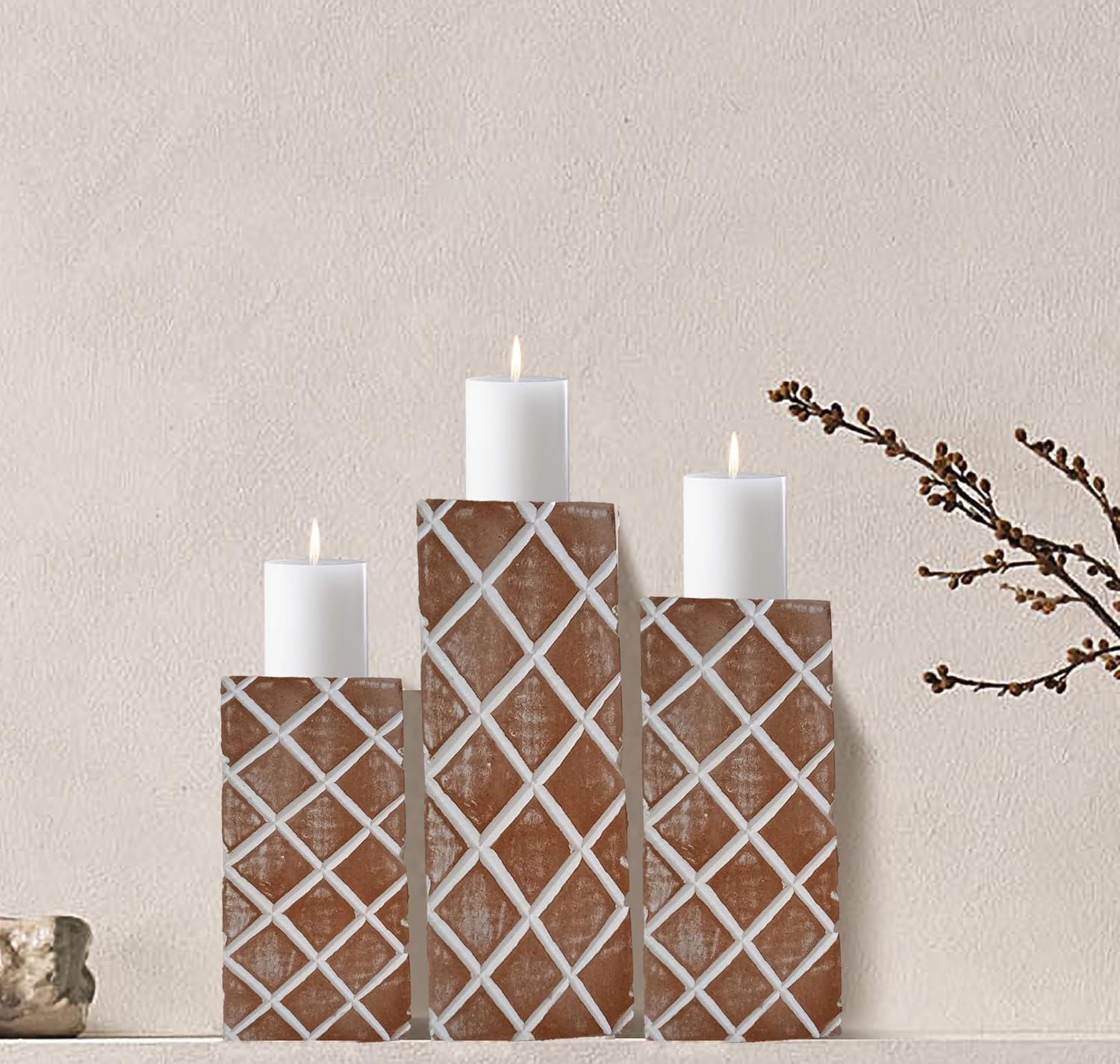 Candle Holder, Wood Pillar Candle Holder, White Wooden