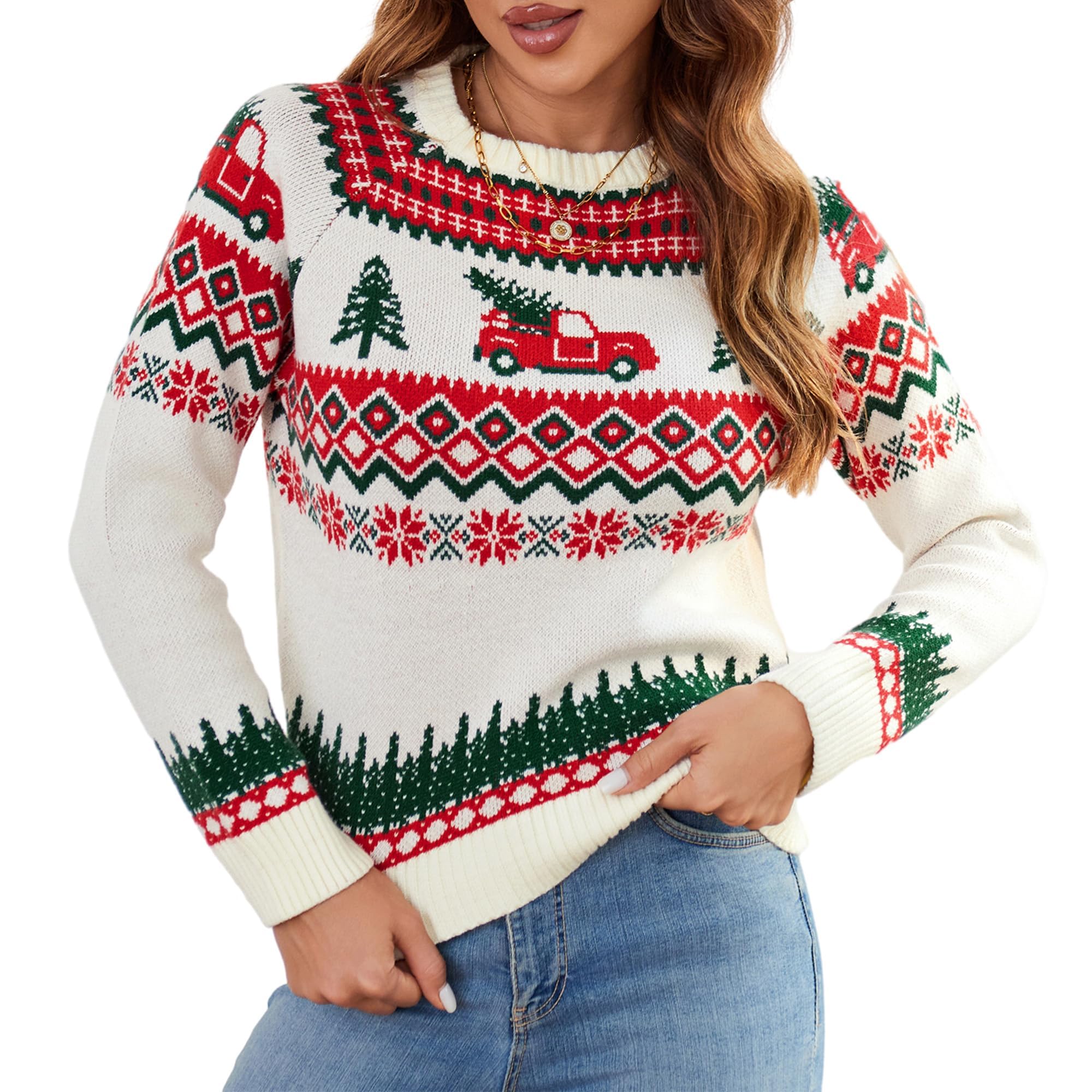 Christmas Sweaters for Women Crew Neck Long Sleeve Cute Patterns Printed Knitted Trendy Pullover Sweater
