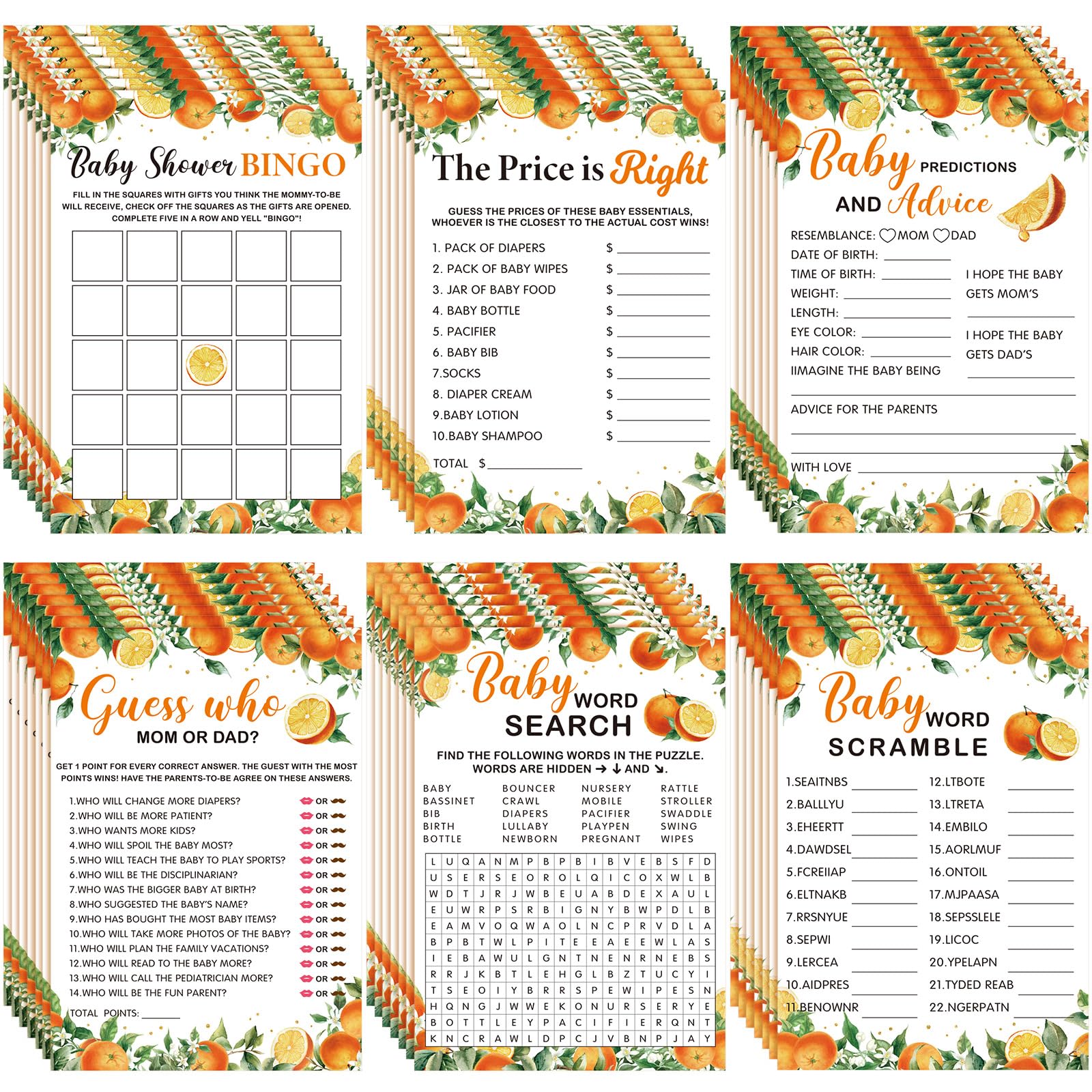Jetec 302 Pcs Baby Shower Games, 6 Games,50 Sheets Each, Little Cutie
