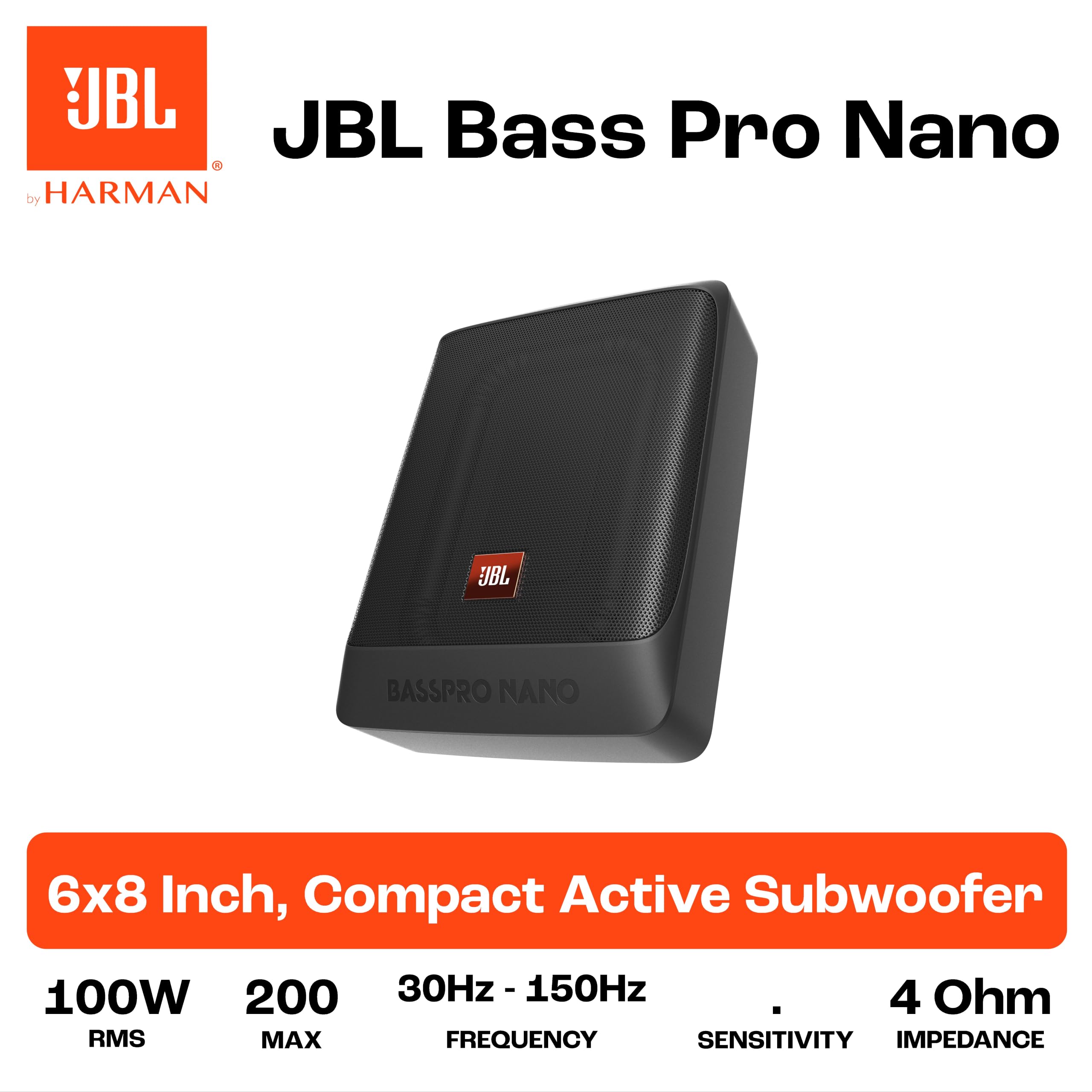 JBL BassPro Nano Ultra-Compact Subwoofer Voiture actif Sous Siège 6"x8" de Harman Kardon - caisson de basse voiture amplifié sous le siège de 200 Watt, Noir