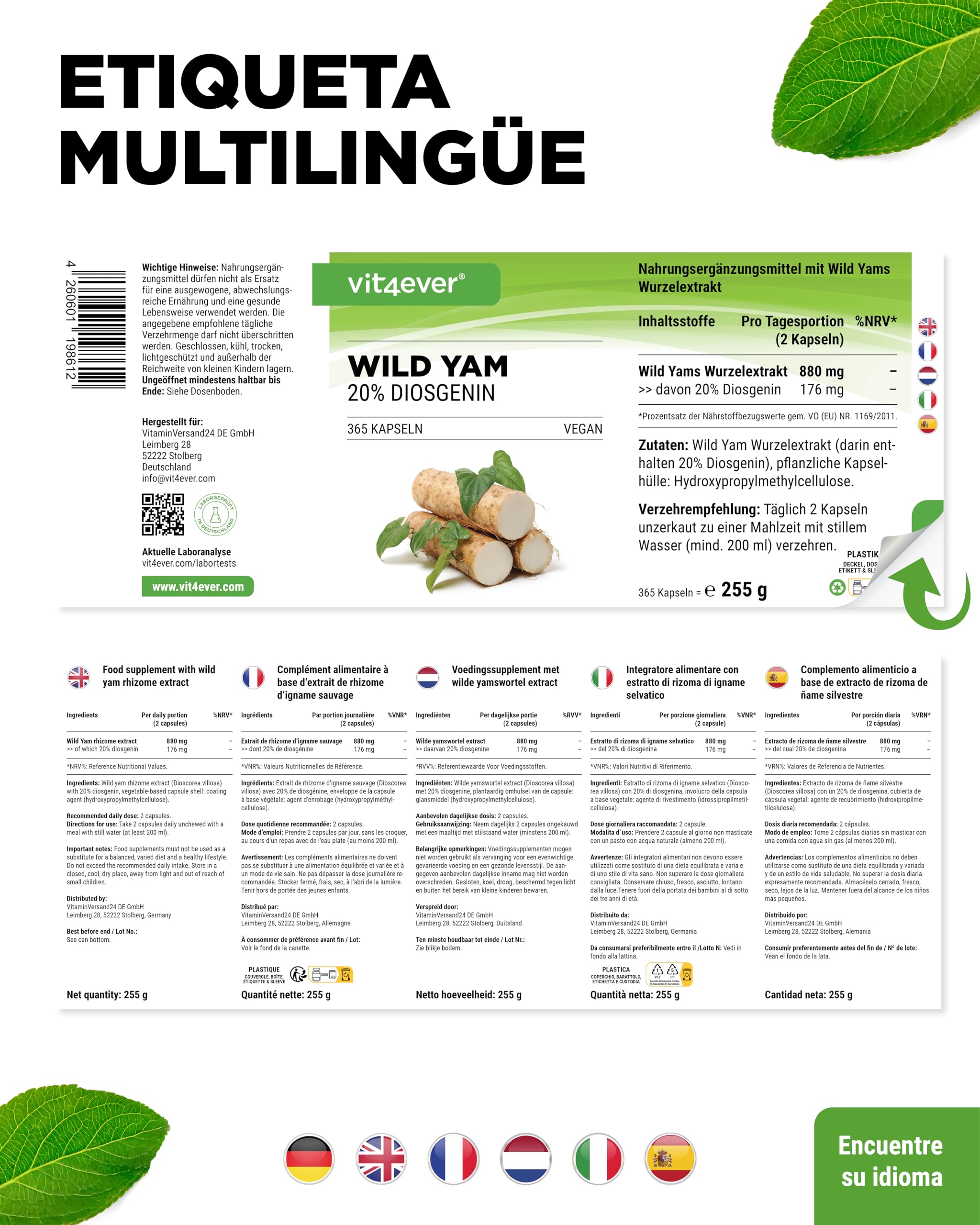 Wild Yam Root Extract - 365 cápsulas - Original Mexican Wild Yam Root - Altamente dosificado con 880 mg de extracto (incluyendo 176mg de diosgenina) por dosis diaria - Vegano