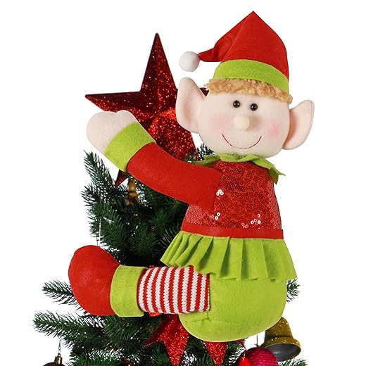 Elf Tree Topper Christmas Decorations,Unique Funny Xmas Plush Stuffed Elf Hugger Decor for Christmas Tree Wine Bottle Curtain Ornaments,Red Green