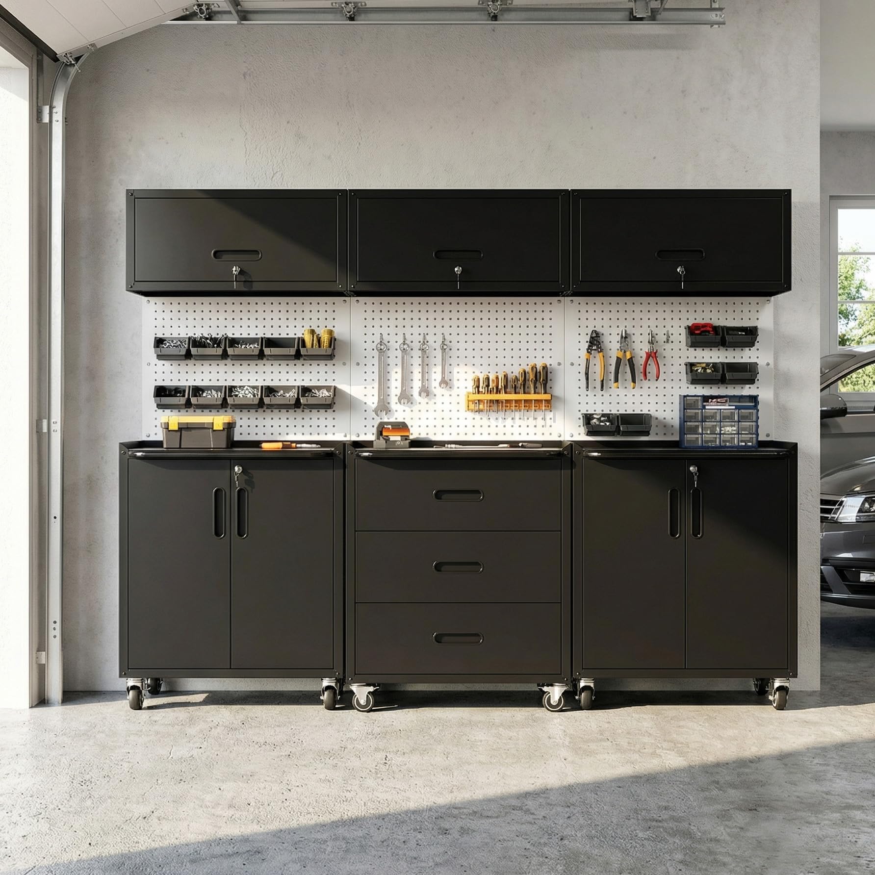 Garage Cabinet System | Heavy Duty Steel All-in-One Modular Garage Cabinet Set for Ultimate Workshop Organization | Easy Assembly Garage Storage Cabinets &amp; Tool Bench
