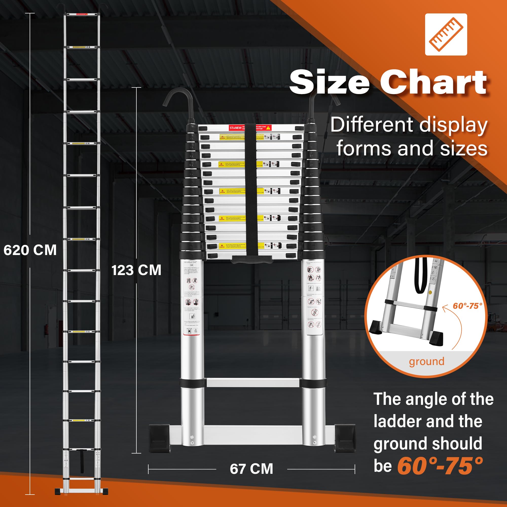 TEENO Échelle Télescopique 6.2 M, Escabeau Telescopique Pliable en Aluminium avec Barre Stabilisatrice et Crochet Amovible, Charge Max 150 kg