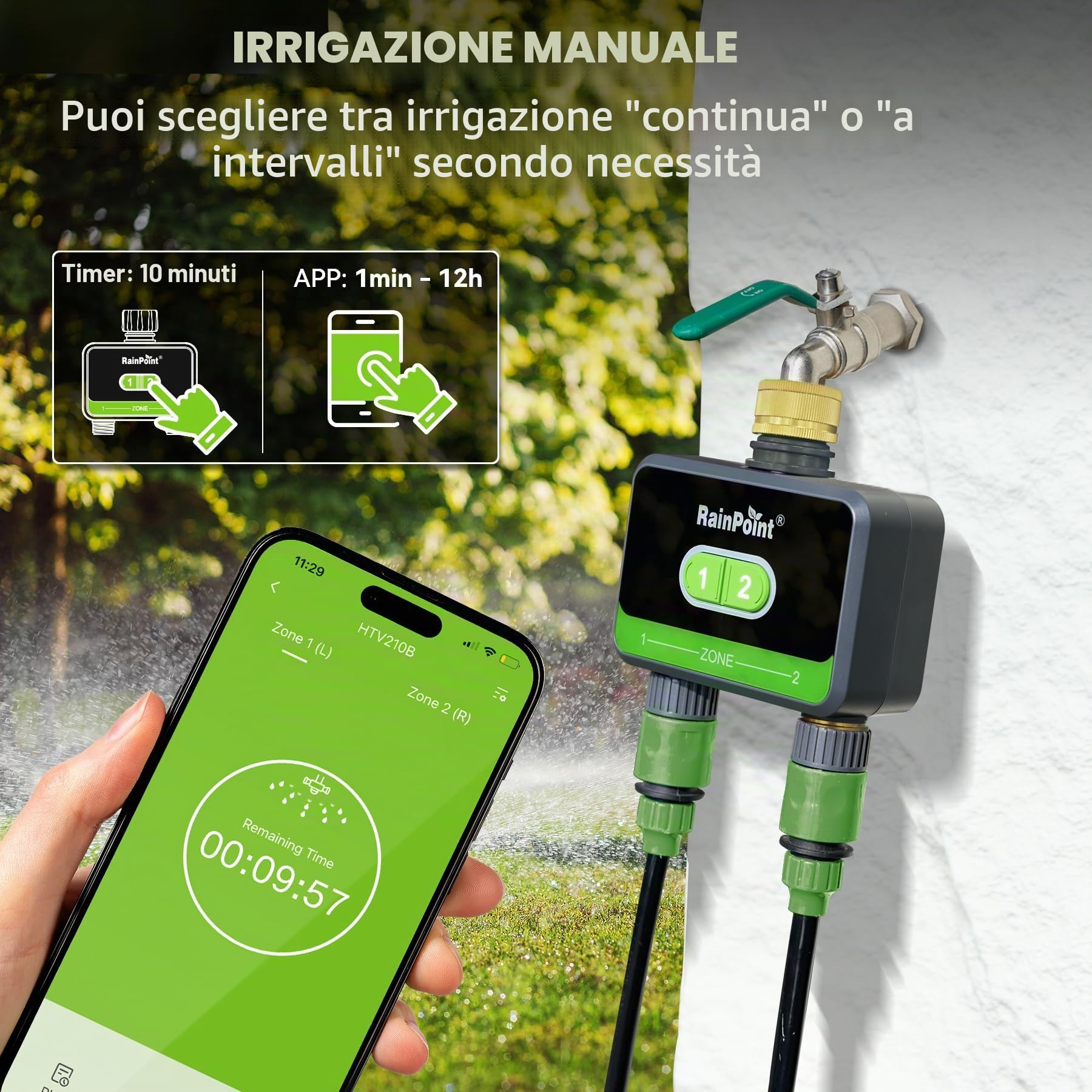 RAINPOINT Timer Irrigazione 2 uscite, ingresso e uscita in ottone, Centralina Irrigazione per irrigazione giardino con app/controllo vocale Alexa, ritardo della pioggia/controllo manuale/automatico