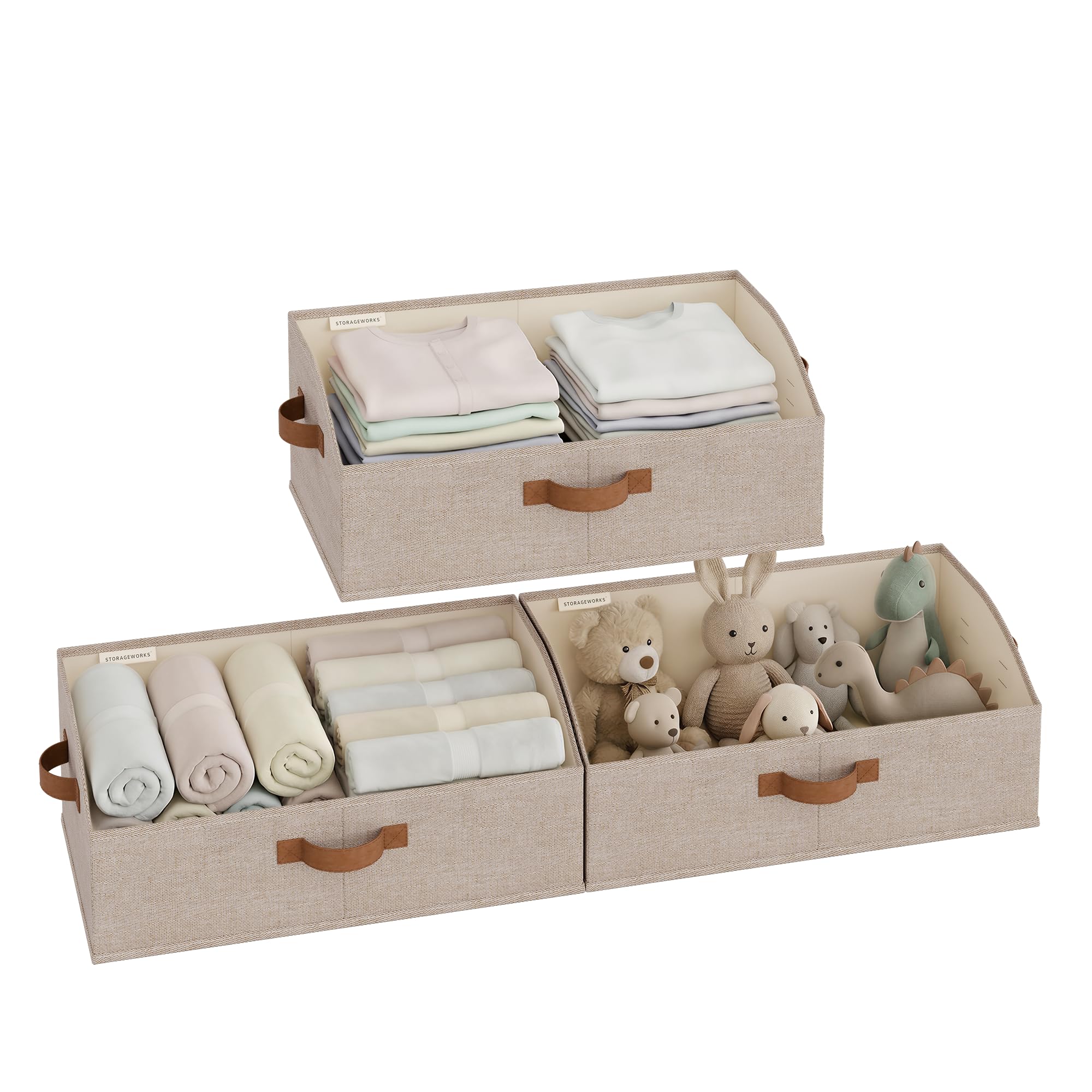 storageworks closet storage bins, trapezoid organizer box for shelves, fabric clothes bin, foldable organizing baskets with handles, large, brown and beige, 3-pack