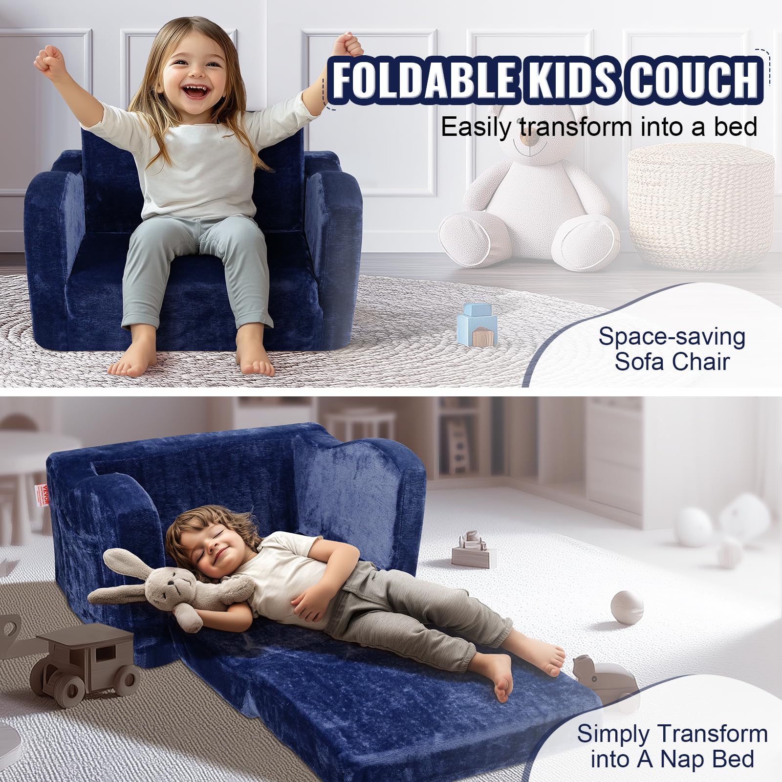VEVOR Divano per bambini, 2 in 1, comodo divano letto pieghevole, convertibile da divano a lettino, sedia per bambini, mobili per la stanza dei giochi, per bambini e ragazze, blu