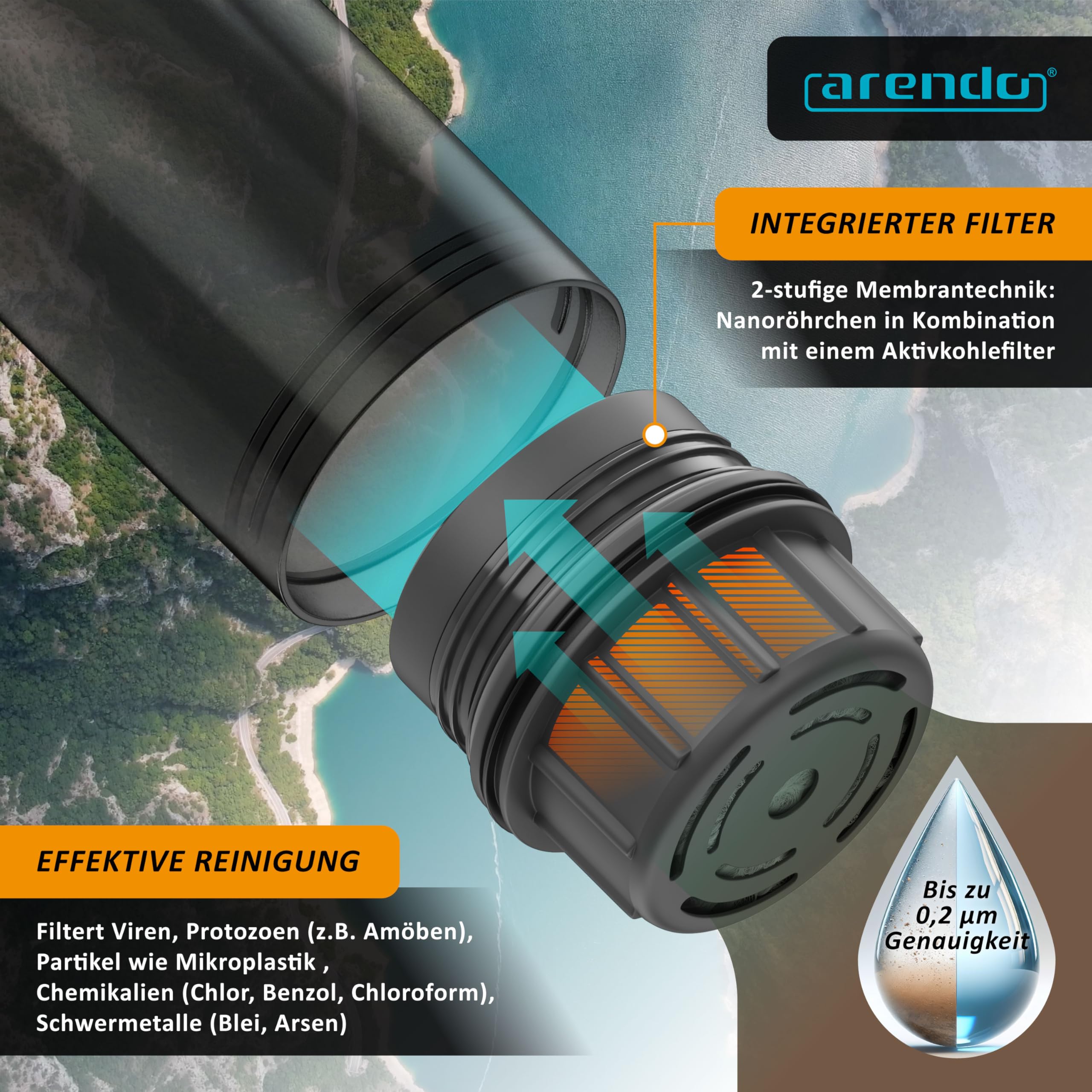 Arendo - Profi Outdoor Wasserfilter Flasche - 500 ml Trinkflasche – 2000 Liter Filterkapazität – filtert bis zu 99,99% der Viren Bakterien – entfernt Mikroplastik Chemikalien Schwermetalle