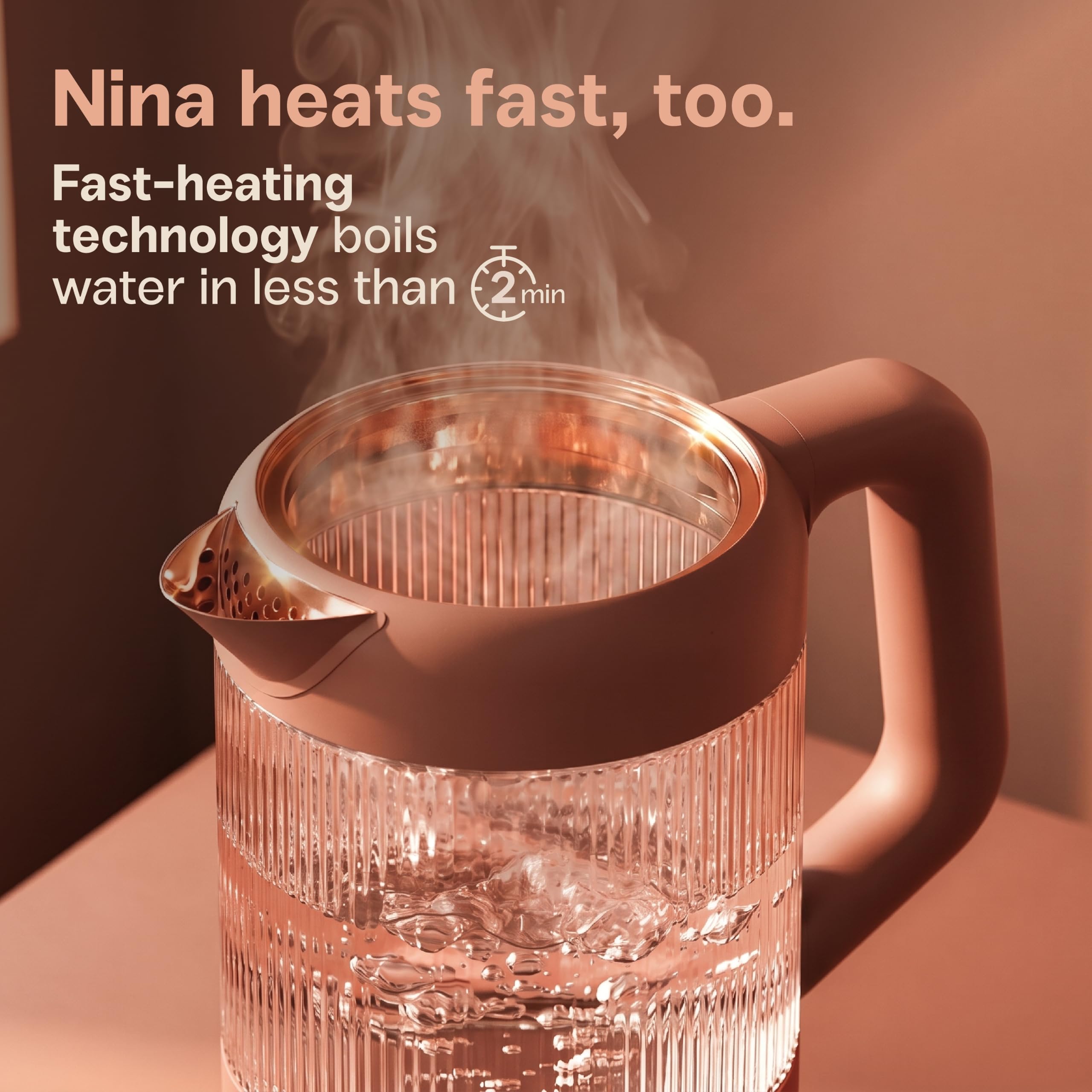 Viante Nina Electric Tea Kettle with Infuser, No Plastic In Contact With Water, 1.5L Borosilicate Glass, 304 Stainless Steel, 4 Temp Presets, Keep Warm, Cordless, Auto Shut-Off, Terracotta