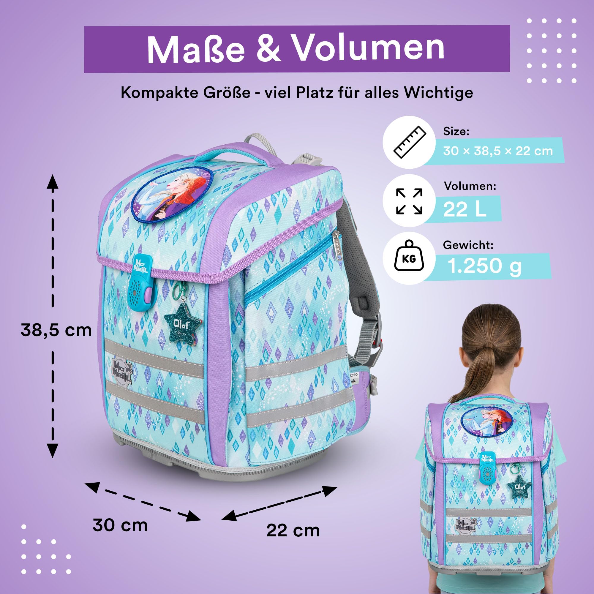McNeill Frozen Perfecto SchulranzenSet 5-teilig – Ergonomischer Schulranzen mit gefülltem Federmäppchen, Sportbeutel & mehr im Disney Frozen Design – Reflektierend, mit Brust-& Beckengurt