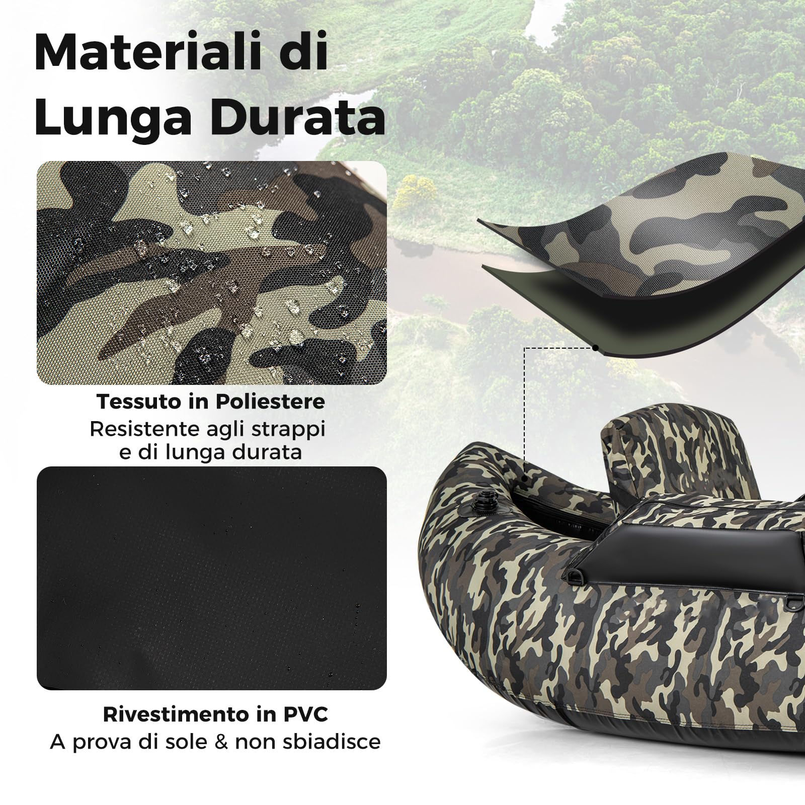 COSTWAY Belly Boat da Pesca Portatile, Gommone Gonfiabile da Pesca con Portacanne Regolabile, Pompa, Pagaia, Spallacci e Kit Riparazione, Barca da Mare con 2 Pinne, capacità 150 kg
