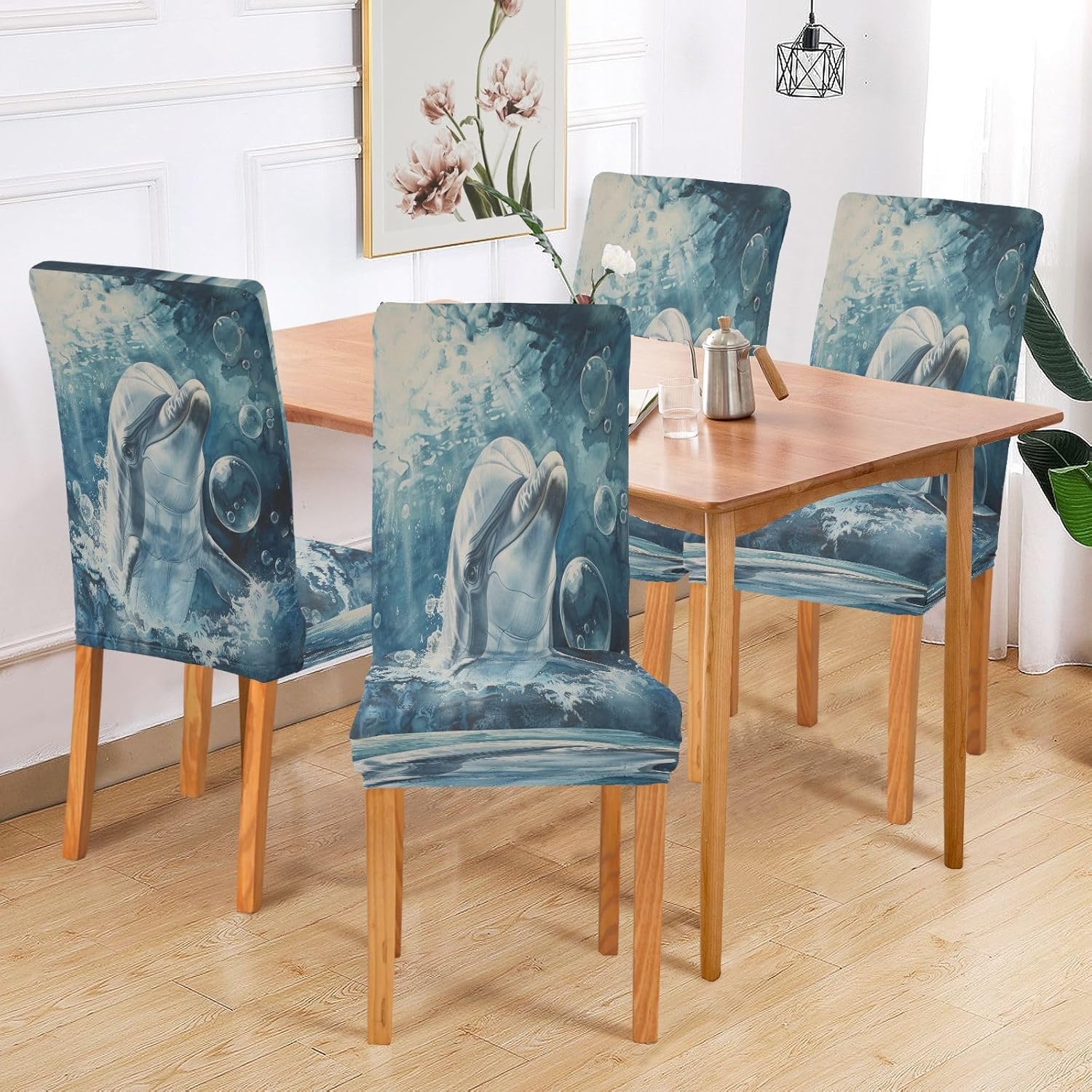 ALAZA Stretch Dining Room Chair Covers, Ocean Dolphin with Bubbles Chair Covers Parson Chair Slipcovers Removable Washable for Dining Room Ktichen Ceremony