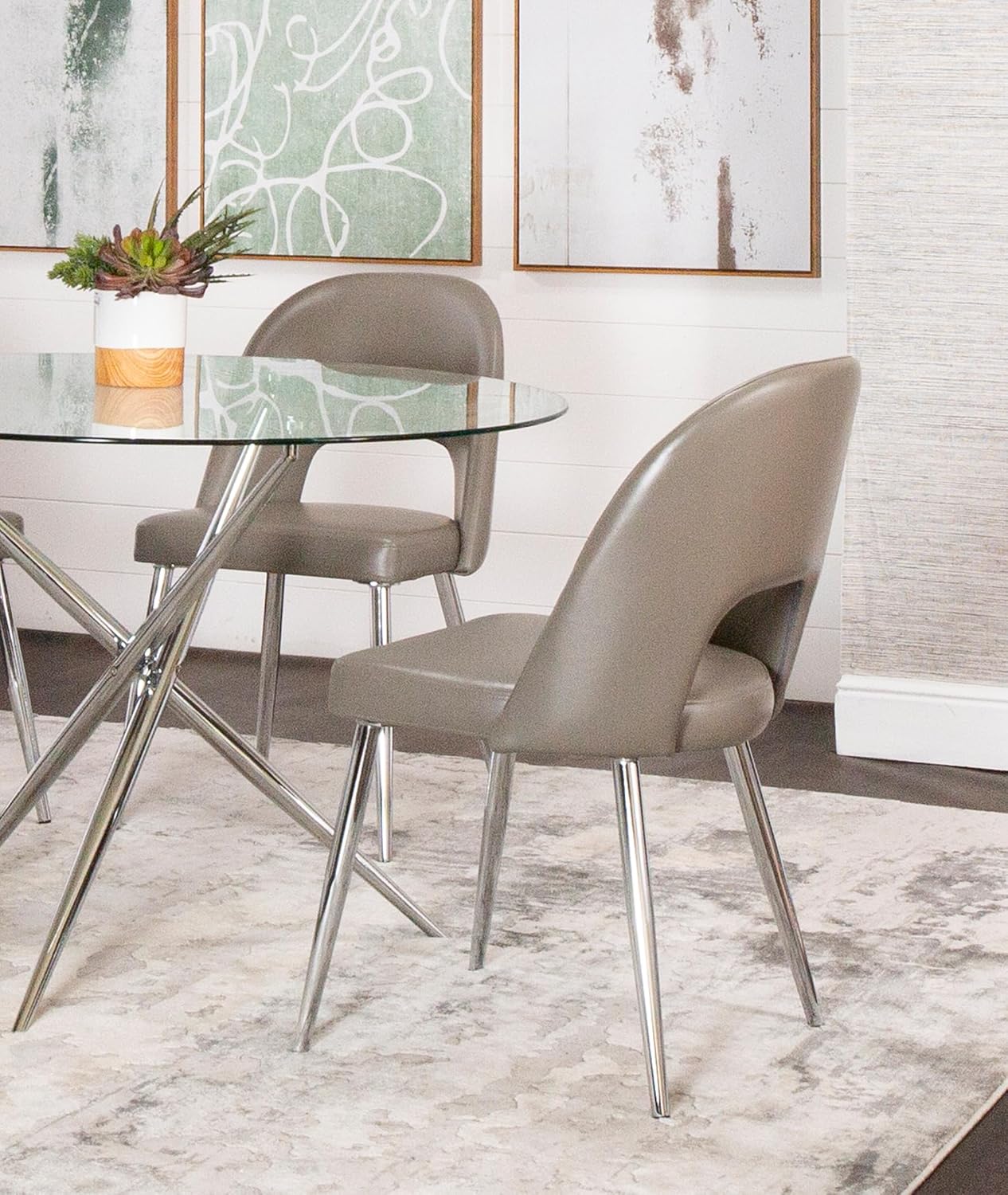 Sunset Trading Mia Faux Leather Dining Chair | Polished Chrome Silver Tapered Legs | Mushroom Taupe Gray Padded Seat w Arched Open Back | Set of 2 | Contemporary Mid-Century Modern Kitchen Sidechairs