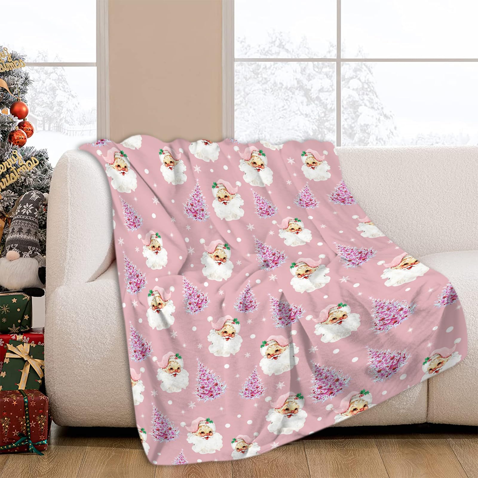 JOOCAR Pink Christmas Throw Blanket Santa Claus Merry Christmas Happy New Year Blanket Cozy Soft Lightweight Flannel Plush Blankets for Bed Couch Living Room Sofa Chair,40x50 Inch - Image 2