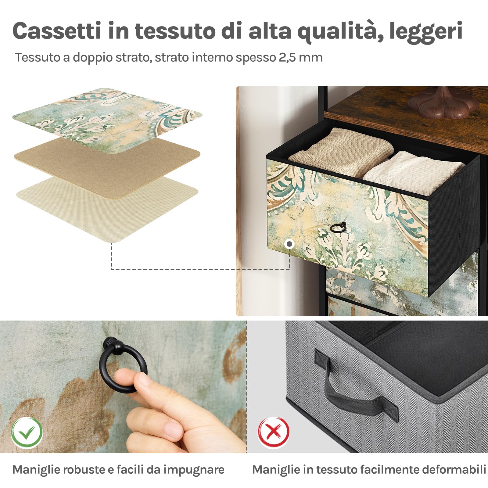 WOLTU Cassettiera a 8 Cassetti in Tessuto, Cassettiera per Camera da Letto, con Sezione di Ricarica e Ganci, Piani Legno e Struttura in Metallo, Marrone Rustico+Nero