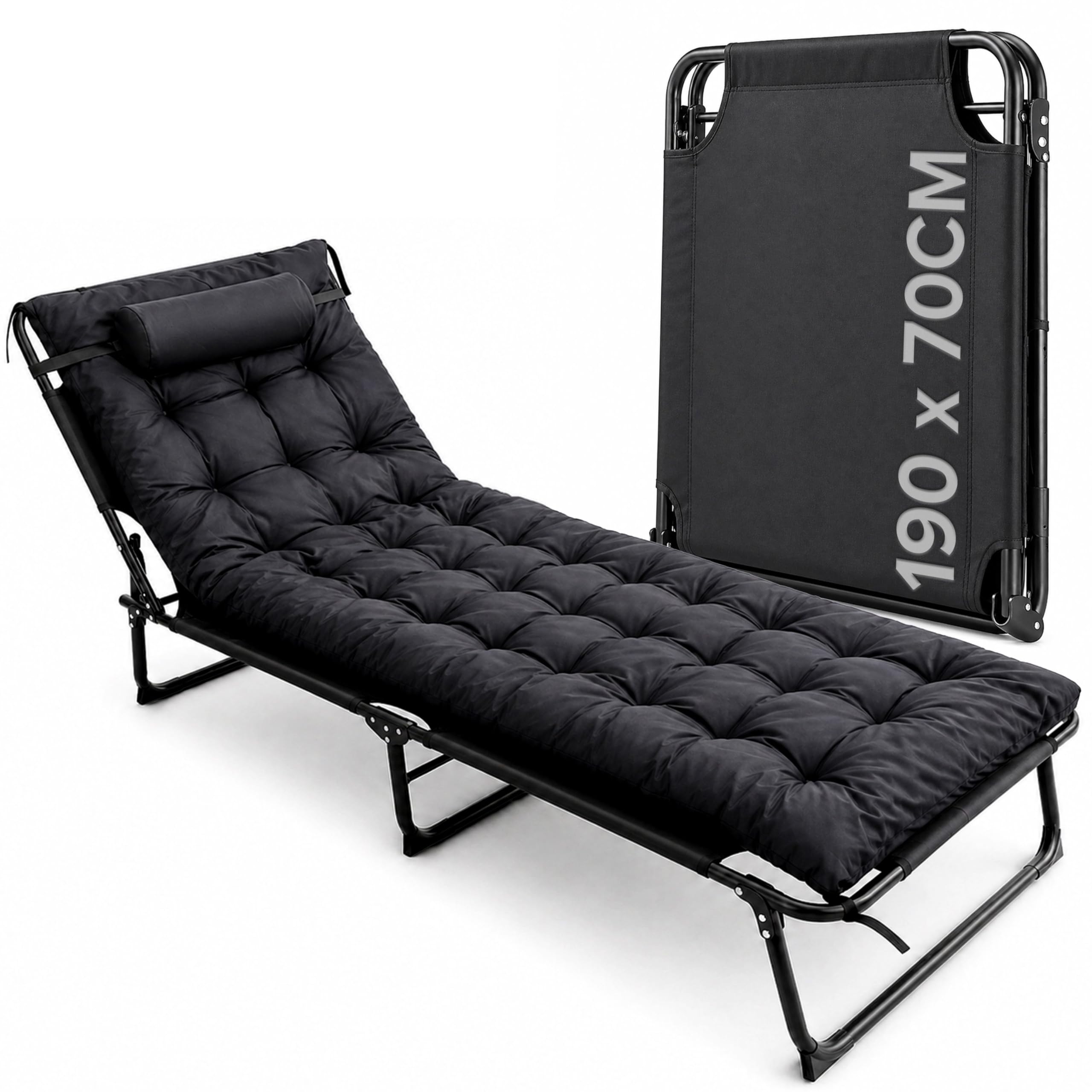volila Camping Bed - Heavy Duty Folding Bed with Cushion, Adjustable Backrest and Pocket - Ideal for Garden, Beach, Sunbathing (Black - 75inch)