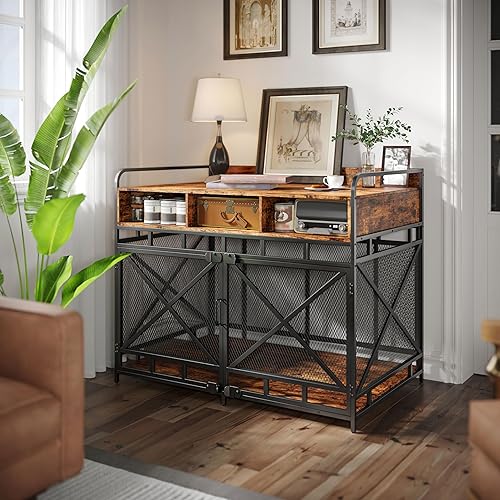 Miniatura 7 de Fulhope Muebles de jaula para perros, mesa auxiliar de madera para perros, perrera de 43 pulgadas con 3 cajones de almacenamiento, jaula de perro