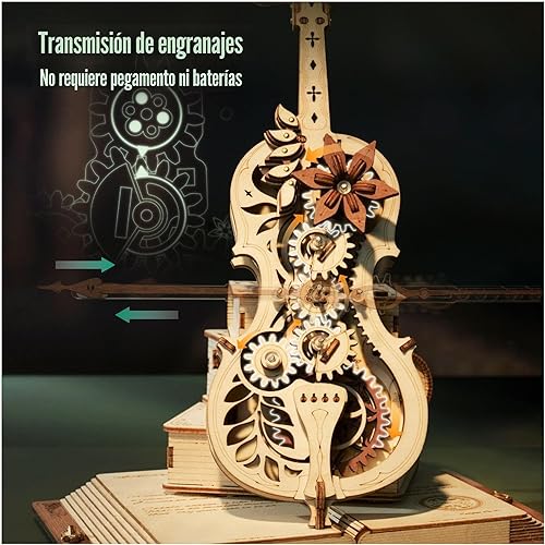 Miniatura 3 de ROKR Rompecabezas 3D para adultos, a escala 1:5, kit de modelo de violonchelo con base, 199 piezas, caja de música de madera, kit de construcción