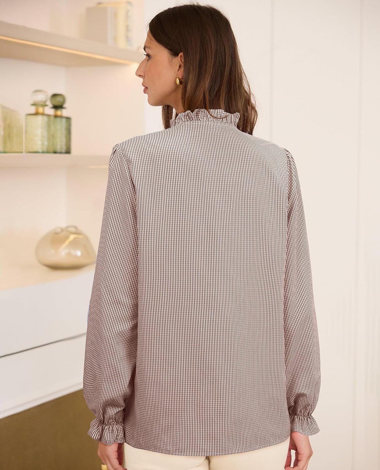 siliteelon Women's Plaid Button Down Shirts Long Sleeve Ruffle Collar Blouses Casual Cute Gingham Tops - Image 3