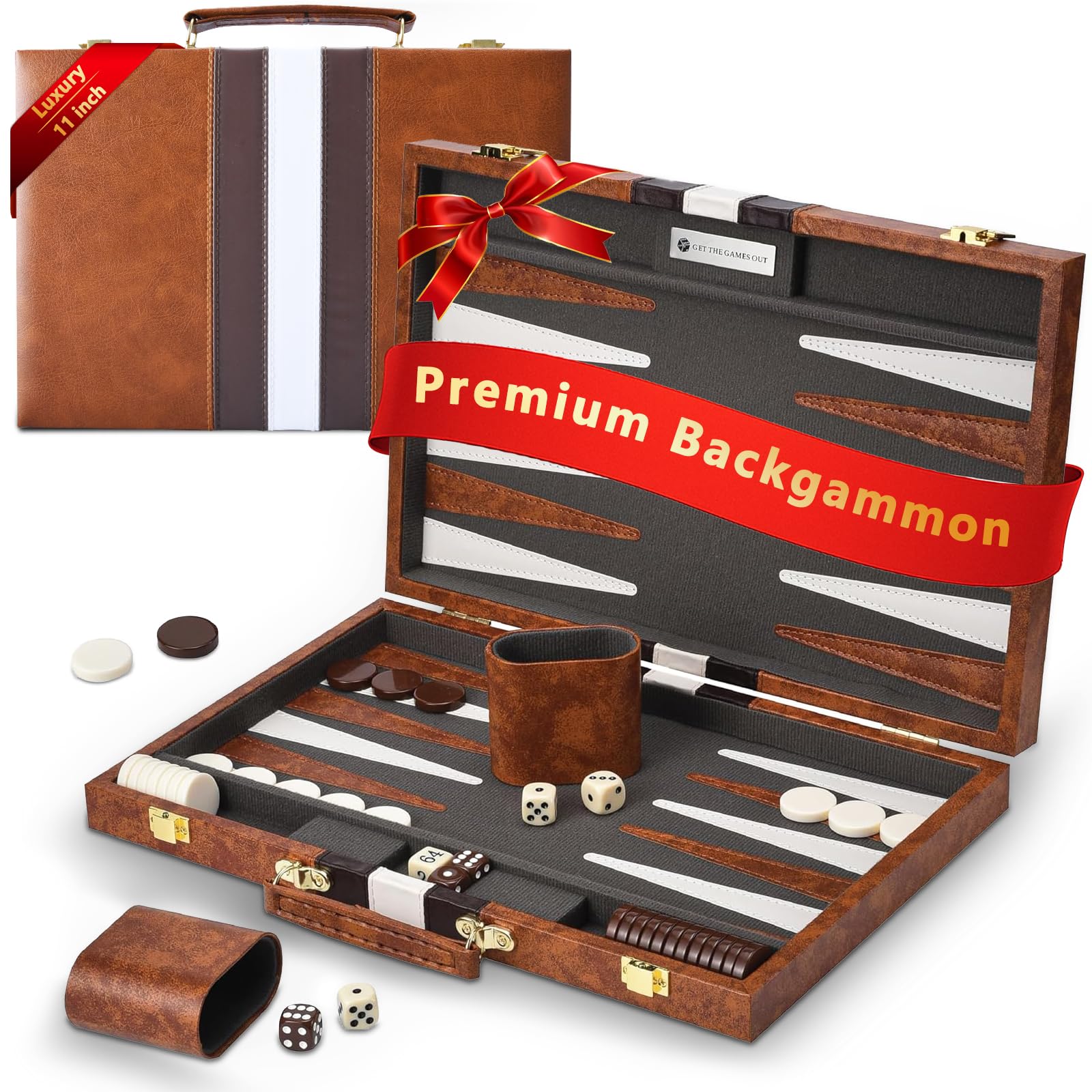 Backgammon Set, 11 Inch Backgammon Set With Premium Leather Case, Portable Board Game With Acrylic Playing Pieces & Wooden Dice Cups, Backgammon Travel Set For Adults And Kids (Brown)