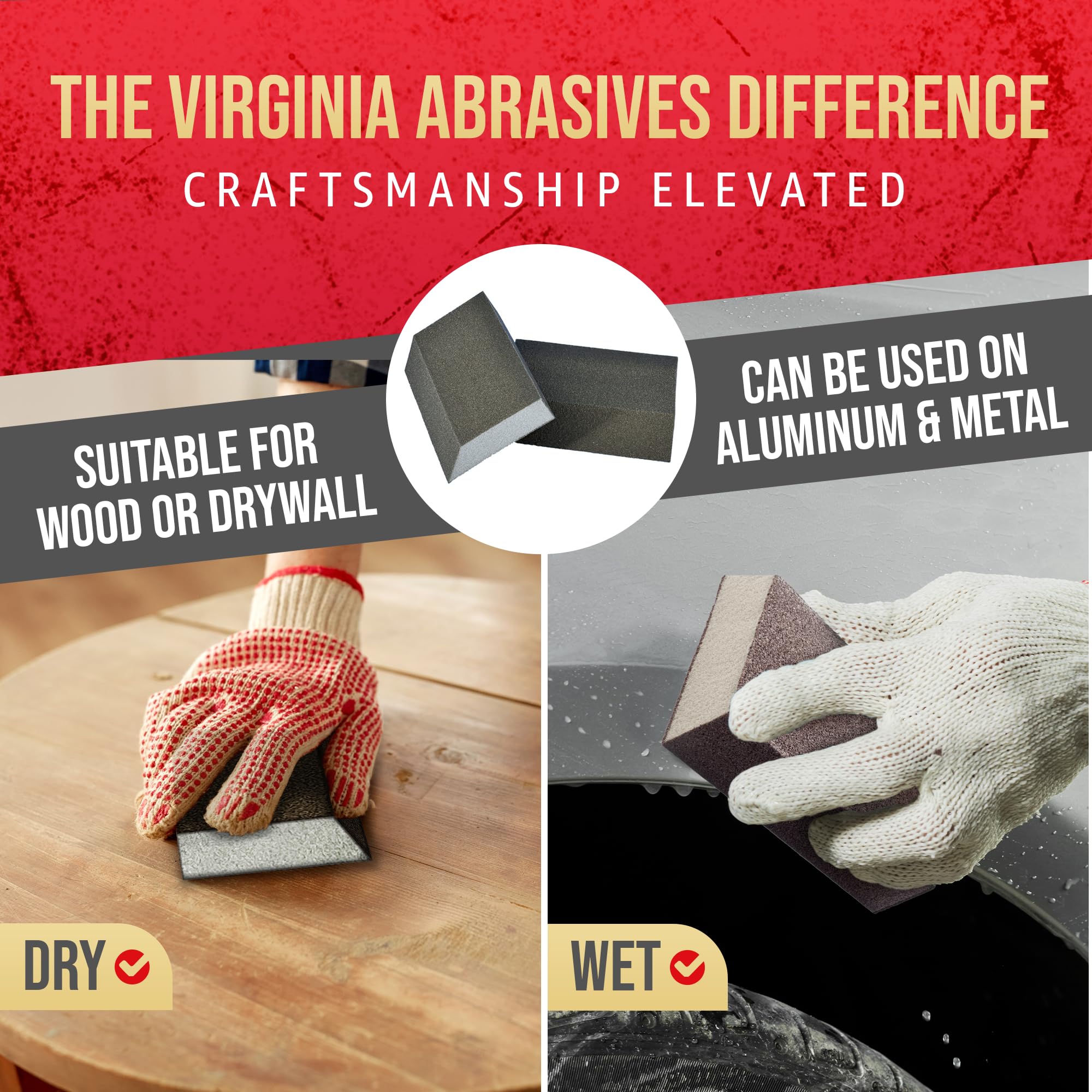 Virginia Abrasives Bloques de esponja de lijado de grano fino de ángulo único de 5 x 3 x 1 pulgadas, ladrillos de espuma de papel de lija lavables y reutilizables, perfectos para acabado de paneles de