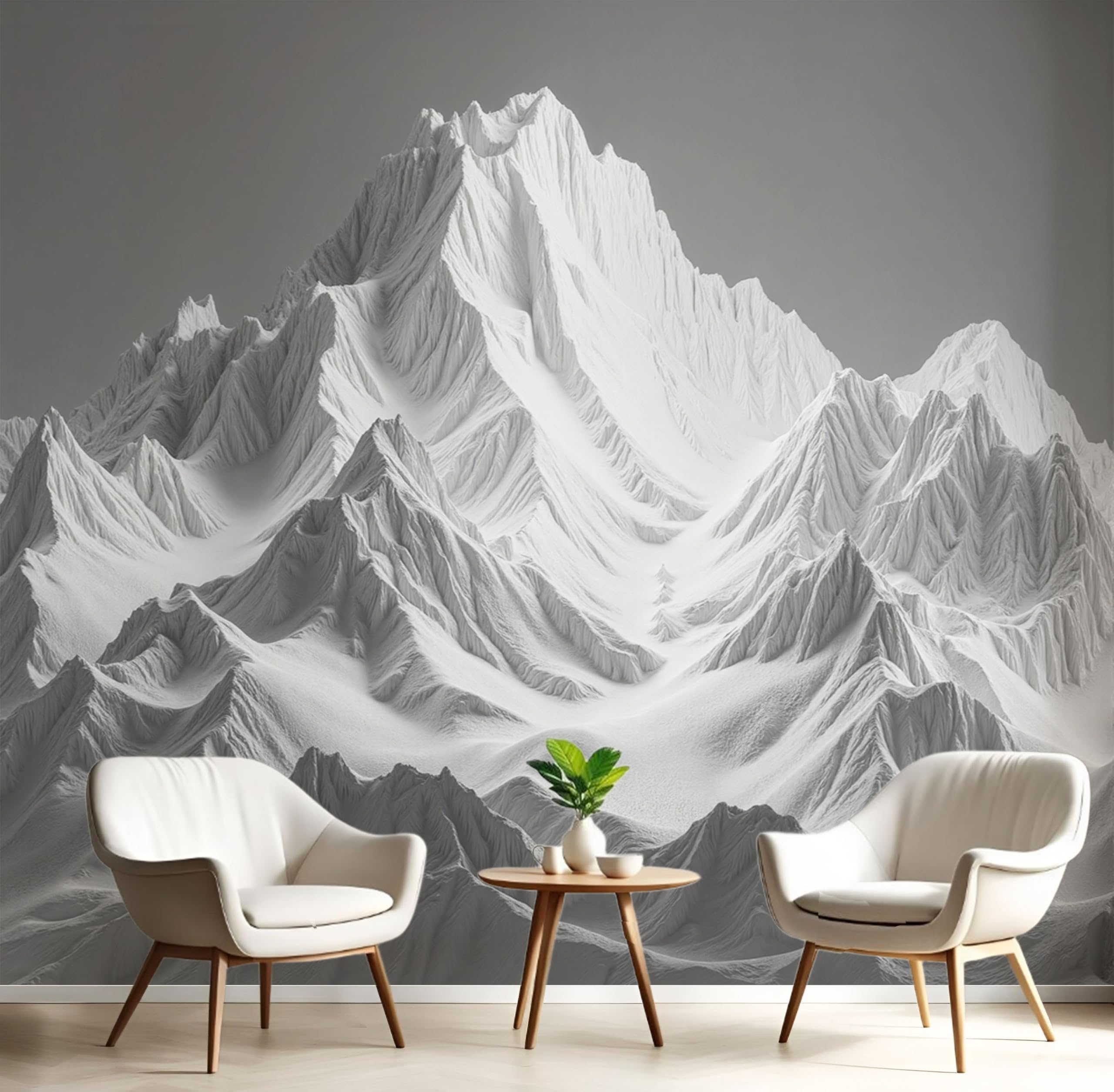 Papier peint panoramique pour agrandir un salon sombre avec un décor de montagnes 3D en soie