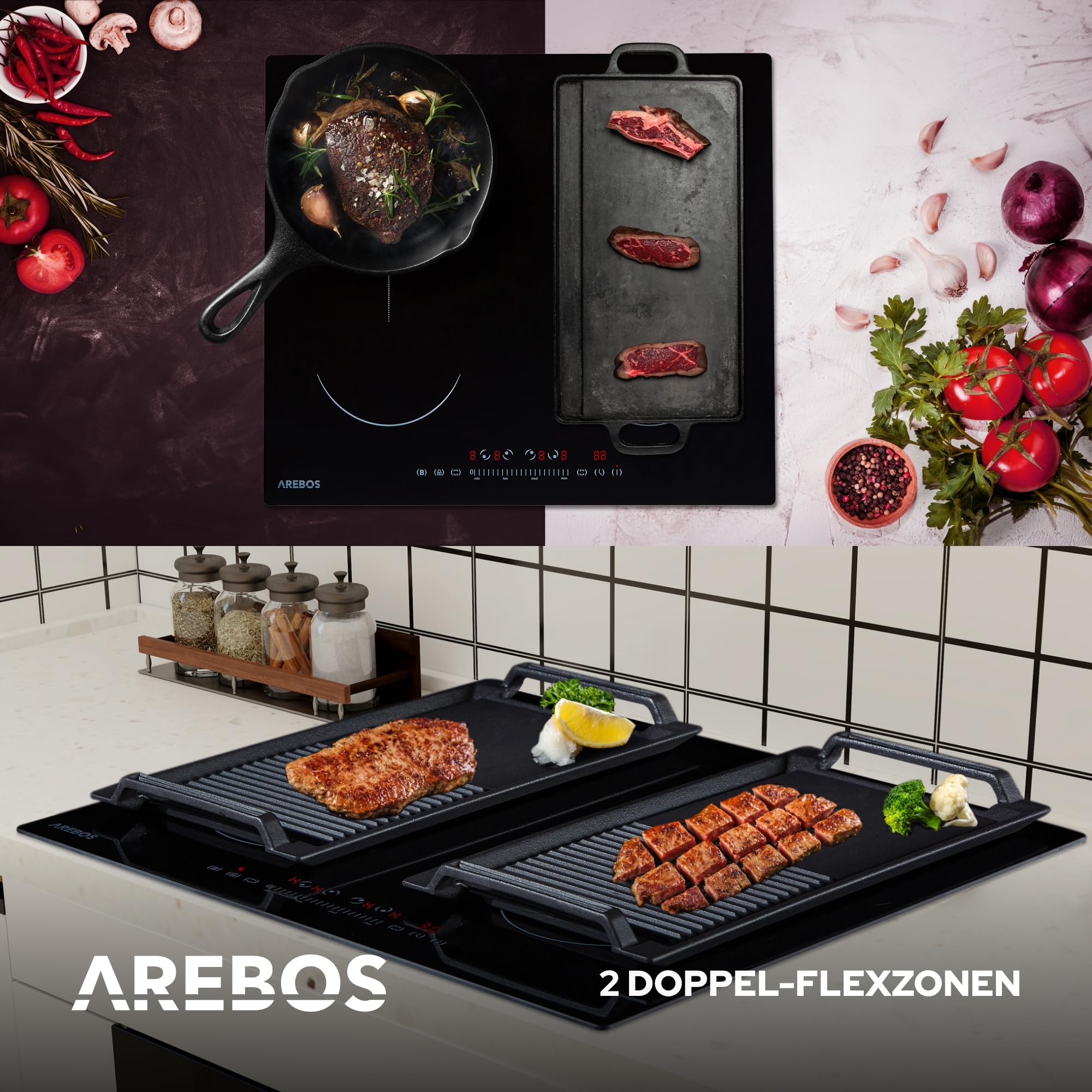 Arebos Induktionskochfeld autark 59x52 cm | 4 Kochzonen 7200 W Booster-Funktion | 2 Flexzonen Sensor-Touch | Timer Kindersicherung Überhitzungsschutz Autoabschaltung Schnellaufheizung