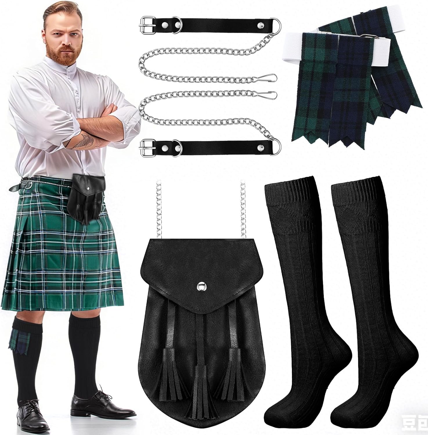3 Pcs Men's Scottish Kilt Accessories Sets Irish Traditional Scottish Socks Tartan Hose Flashes Sporran with Chain