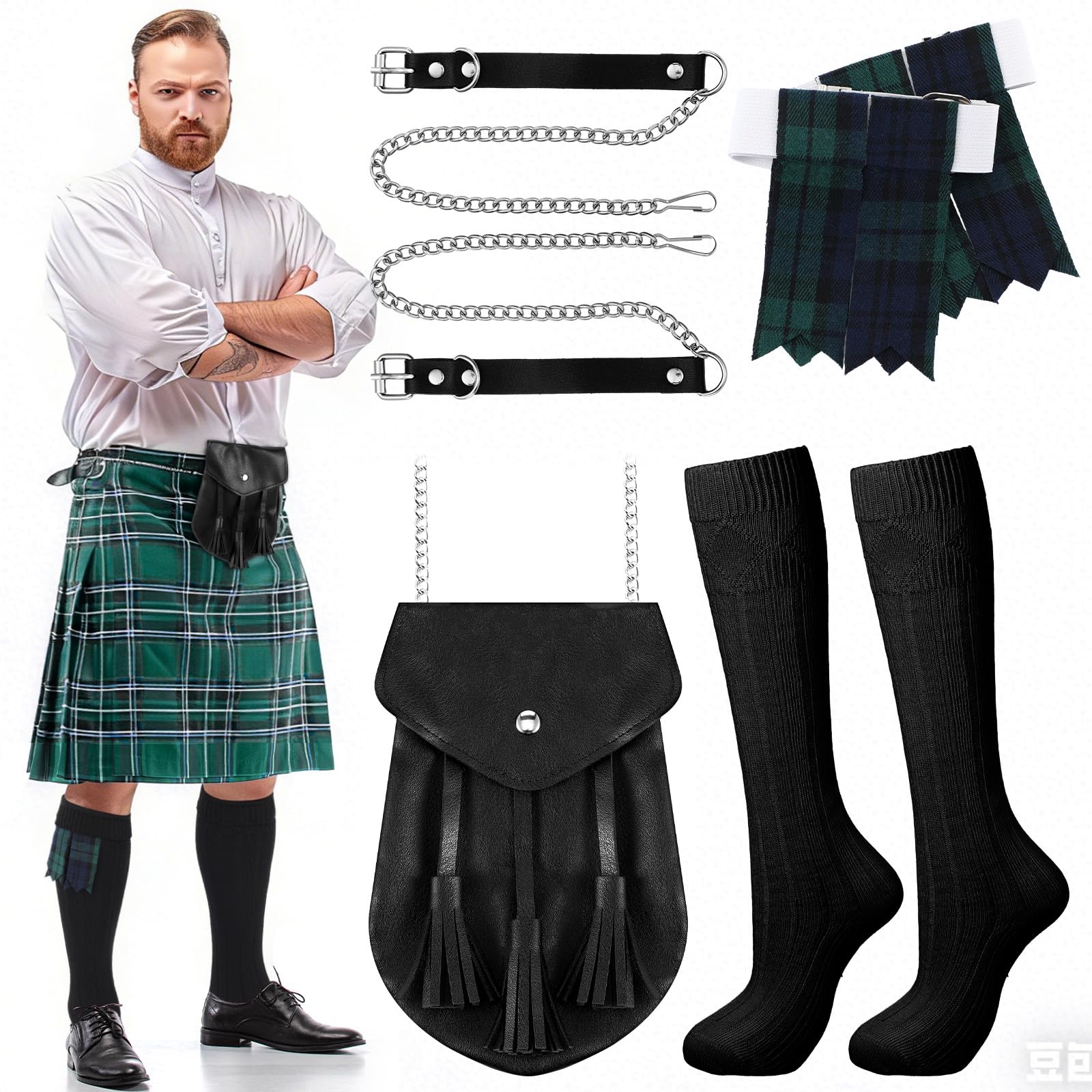 Photo 1 of Arrowbash 3 Pcs Men Scottish Kilt Accessories Irish Traditional Scottish Socks Tartan Hose Flashes Sporran(Not Include Kilt)(Dark Tones)