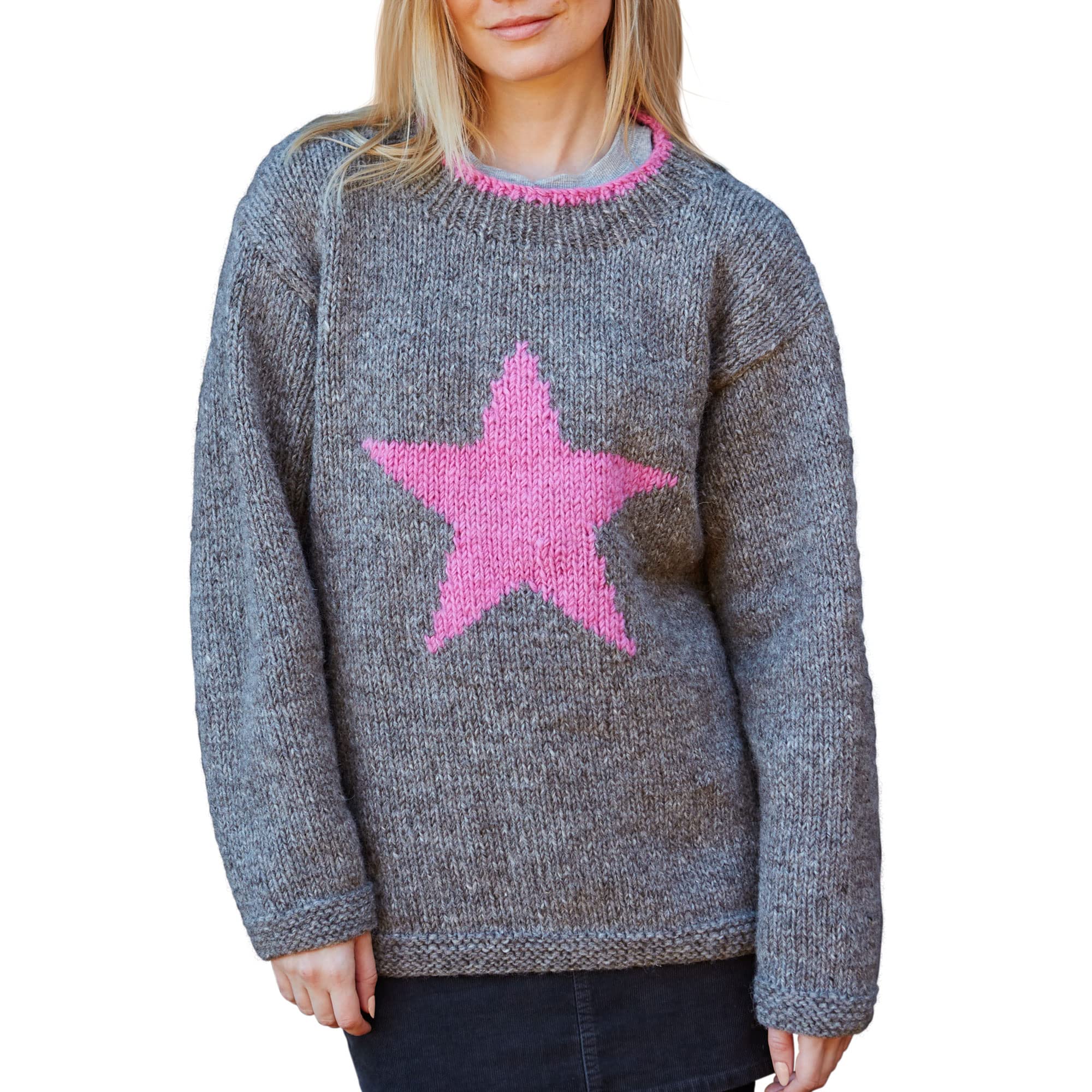Pachamama Women Wool Jumper Handknitted Star Design Handmade Extra Warm Sweater Fair Trade (as8, Alpha, l, Regular, Regular, Grey)