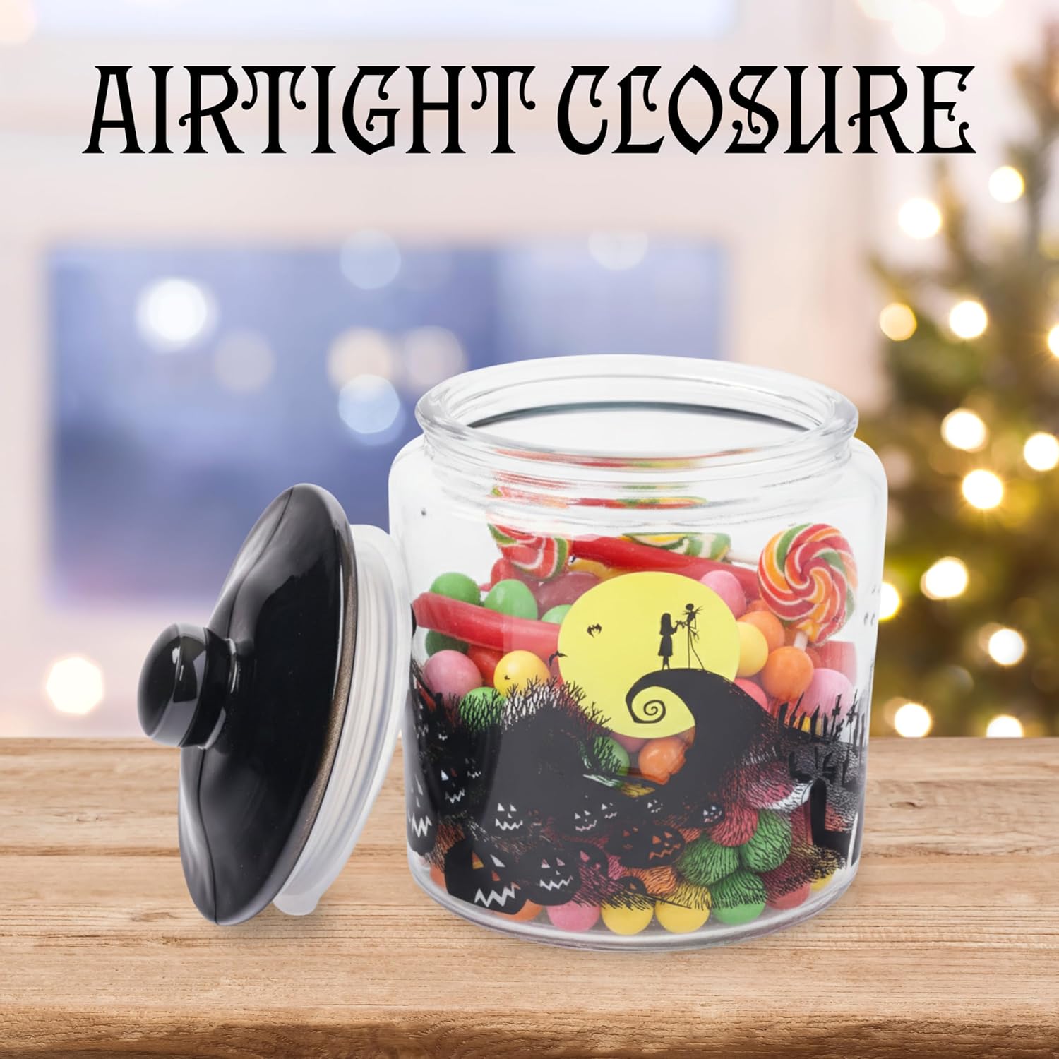 Silver Buffalo Disney Tim Burton Nightmare Before Christmas Moon Hill Graveyard Scene Jack Skellington and Sally Glass Cookie Snack Candy Jar with Lid (Small)