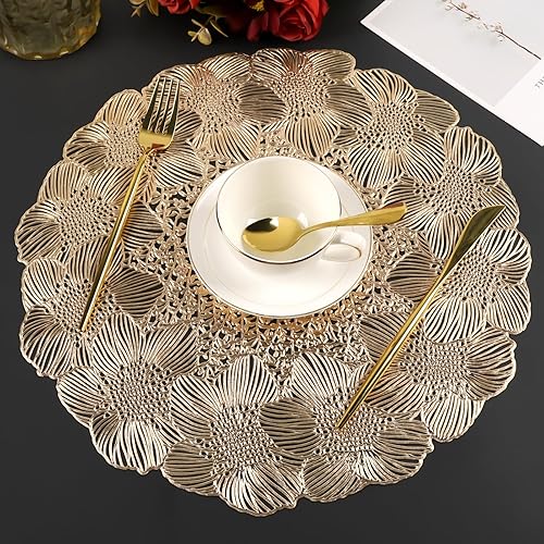 Mabbcoo Juego de 6 manteles individuales dorados de vinilo redondos de 15 pulgadas, lavables, accesorios para decoración de vacaciones, boda, cena,
