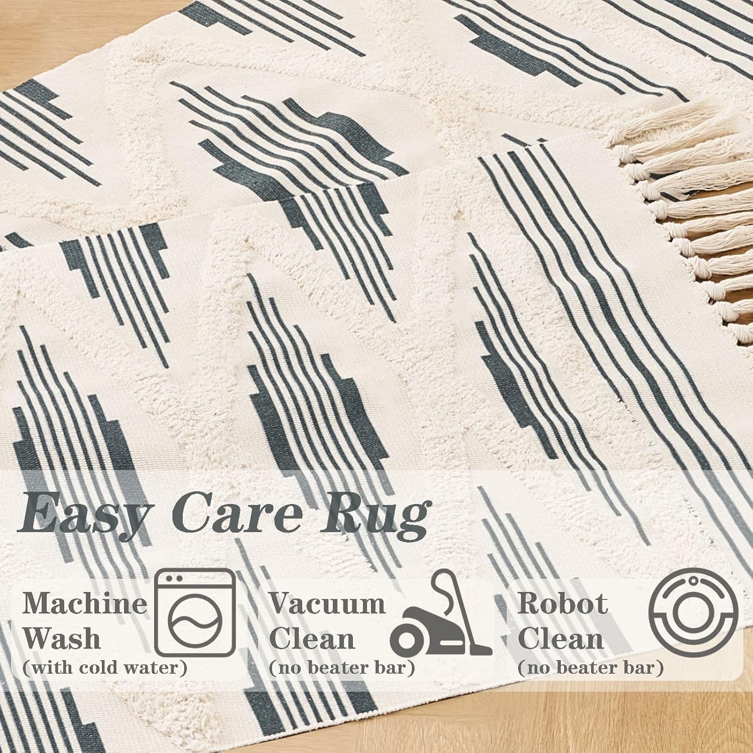 Boho Runner Rug Washable Hallway Rug Runner, Tufted Woven Cotton Farmhouse Area Floor Mat for Bedroom, Modern Diamond Entryway Carpet with Tassels (Grey, 2'x4.3')