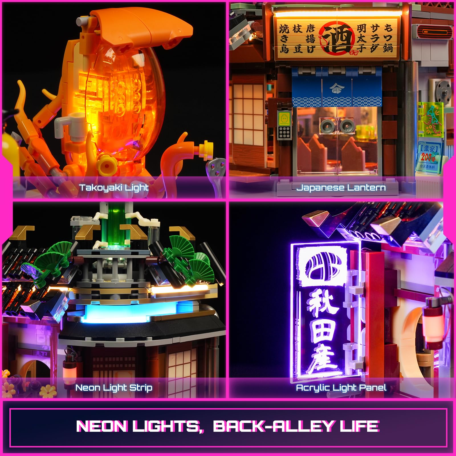 FUNWHOLE Cyberpunk Japoński zestaw klocków oświetleniowych Izakaya 1987 elementów, modułowy cyberpunk, neonowe miasto, przyszłość, pub, japońska scena uliczna, zestaw modeli oświetlenia LED, dla