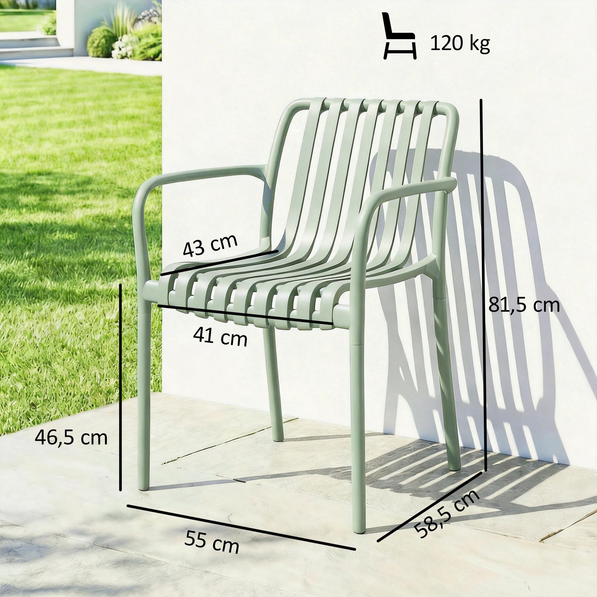 Outsunny Lot de 4 Chaises de Jardin Empilables en Polypropylène Anti-UV - Fauteuil de Terrasse avec Accoudoirs et Dossier à Lattes Ergonomique - Chaises de Salle à Manger Extérieures, Gris Vert