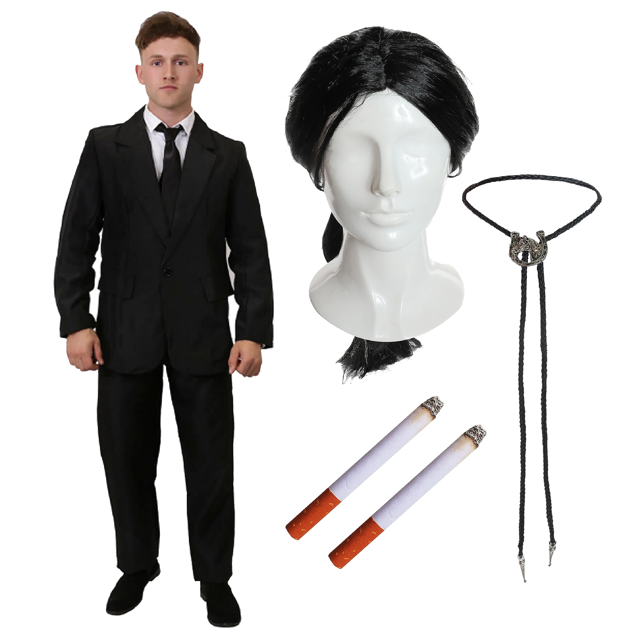 Juego de accesorios Hitman para adultos, XXL, traje, peluca larga, paquete de 2 cigarrillos falsos y corbata, perfecto para disfraces de personajes de película y otros eventos de disfraces
