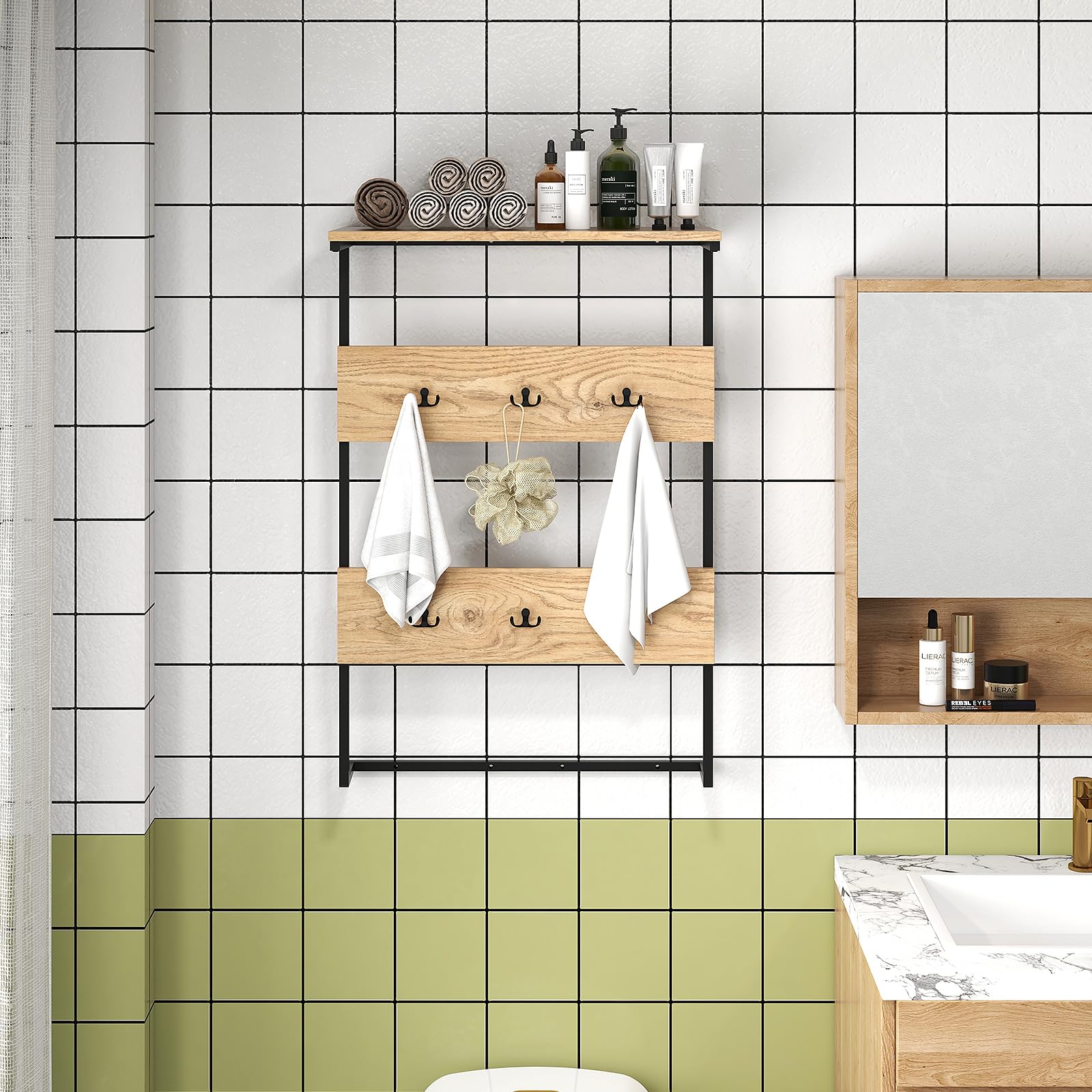 COSTWAY Appendiabiti da Parete per Ingresso, Appendiabiti da Muro con 6 Ganci, Struttura in Metallo Robusta, Mensola Salvaspazio, per Ingresso Bagno Cucina