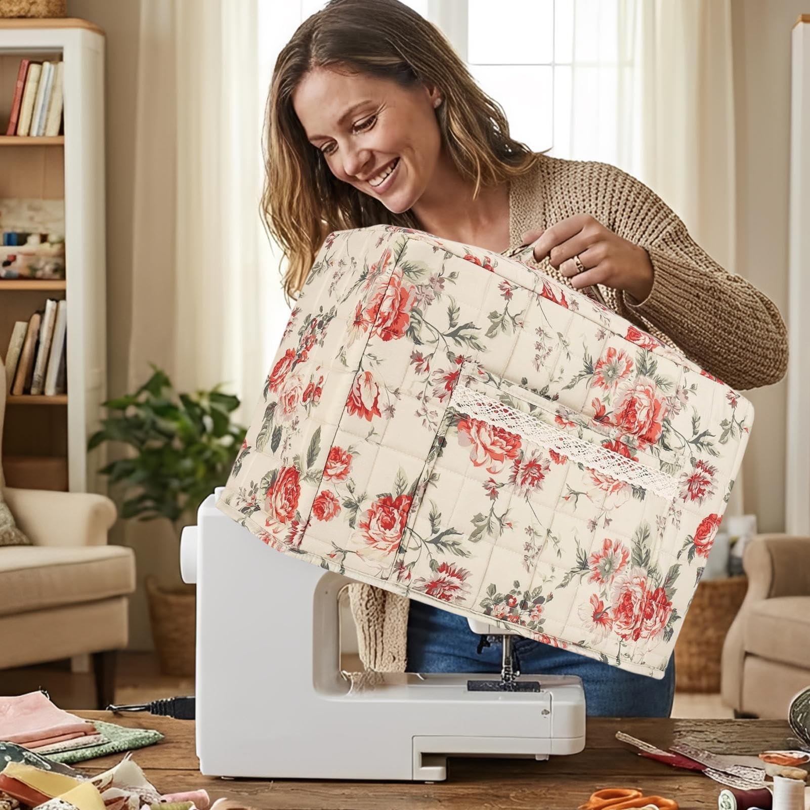de máquina de coser, de boho para sobredescargadora con protección de máquina de coser doméstica, para viajes interiores y exteriores, taller, casa y estudio, B, Se référer à la