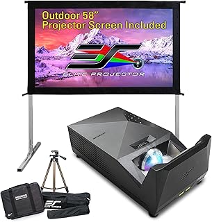 Elite Projector MosicGO Ultra Short Throw Projector IPX2 with Li-Ion Battery Power Dual Speaker Native 1080P UST CLR DLP LED Included with Elite Projection Screen OMS58H2 and Tripod Stand Pack, MGFU-S