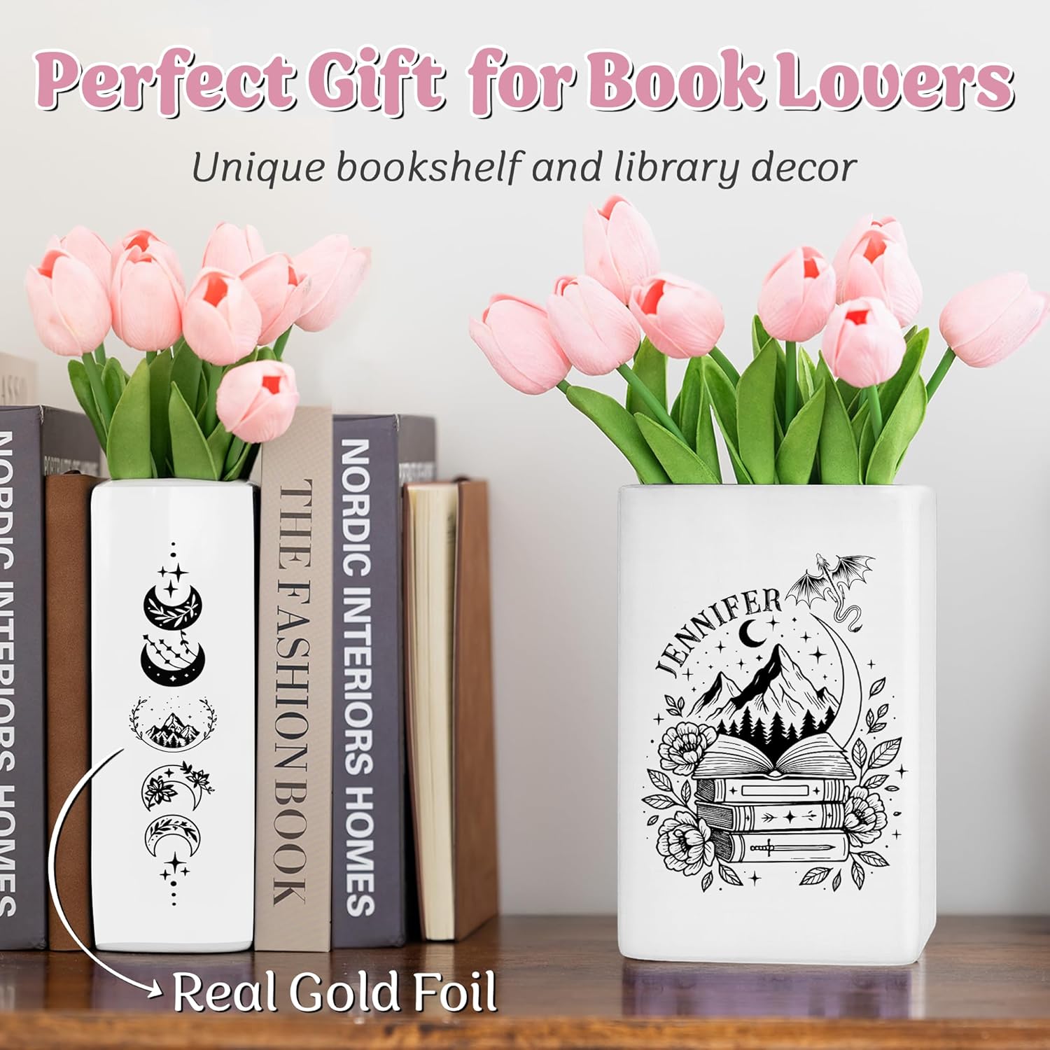 Personalized Book Lovers Vase for Flowers - Custom Unique Flower Vase for Book Lovers, Decorative Book Style Vase for Home, Office, Bookshelf, or Gift for Readers & Women