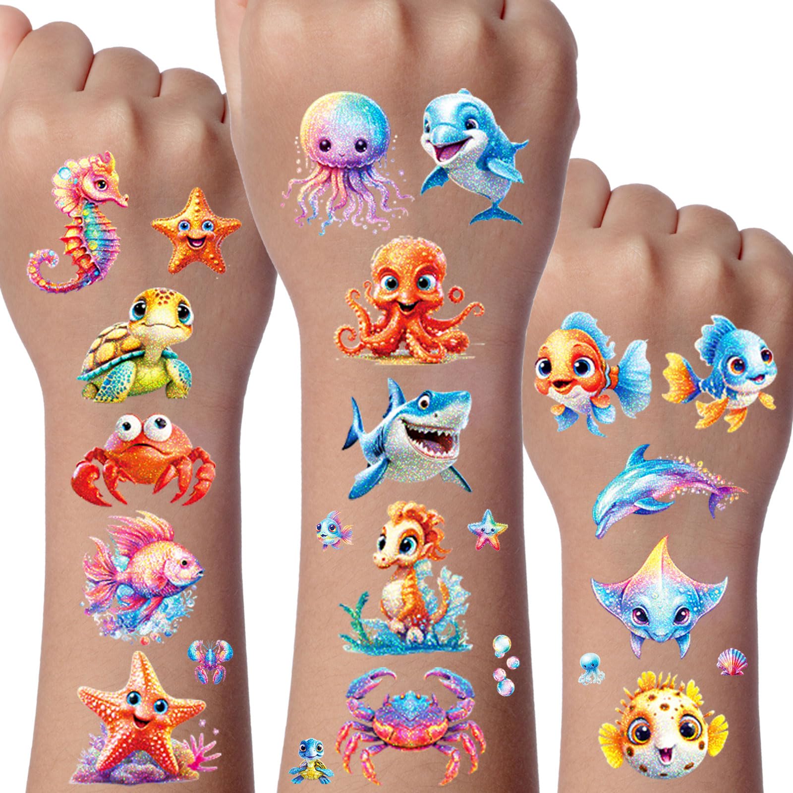 Ocean Glitter Tattoo for Kids 12 Sheets Temporary Tattoos for Kids Gifts for Girls Boys Ocean Party Decorations