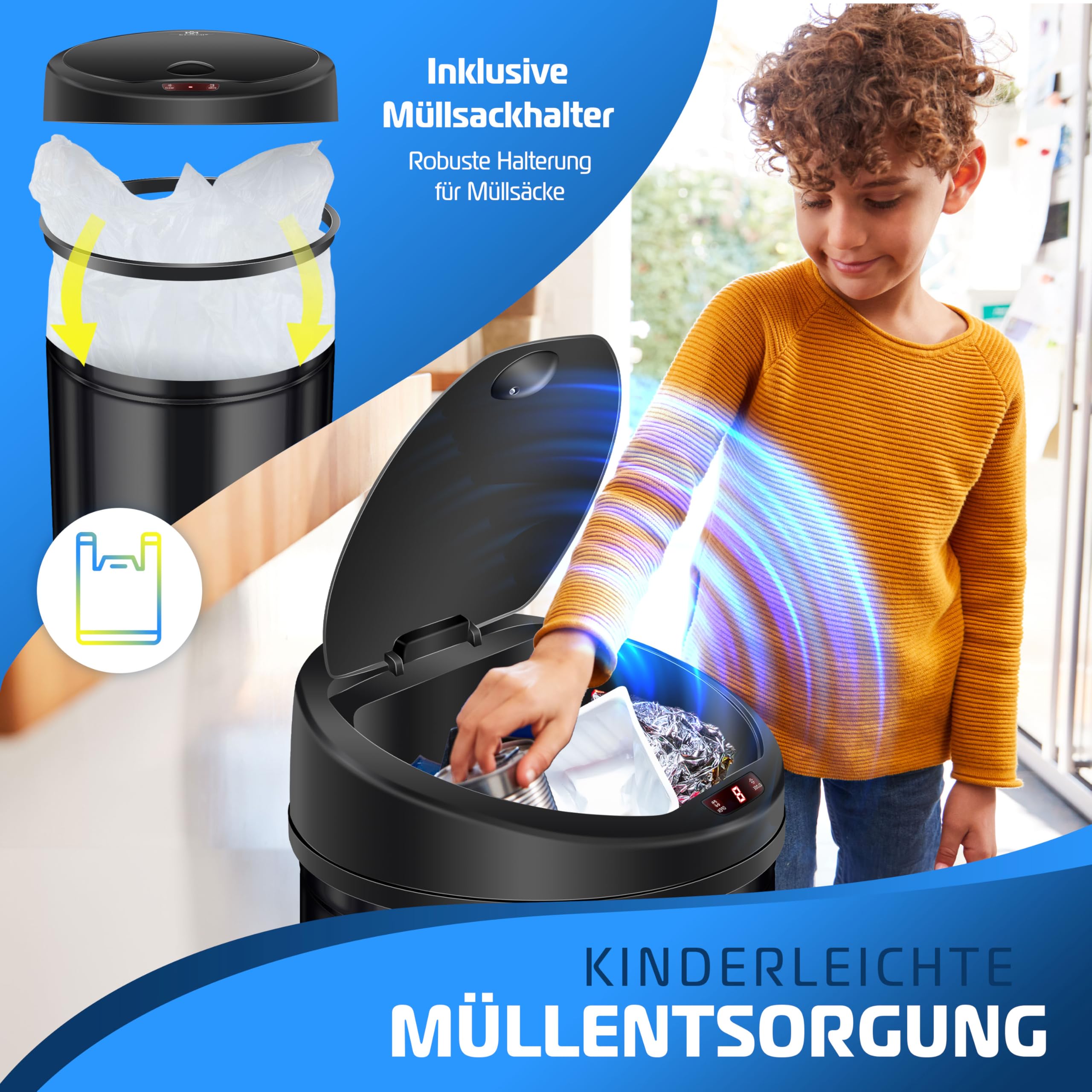 KESSER Sensor Mülleimer 56 Liter Edelstahl Schwarz Automatik Abfalleimer