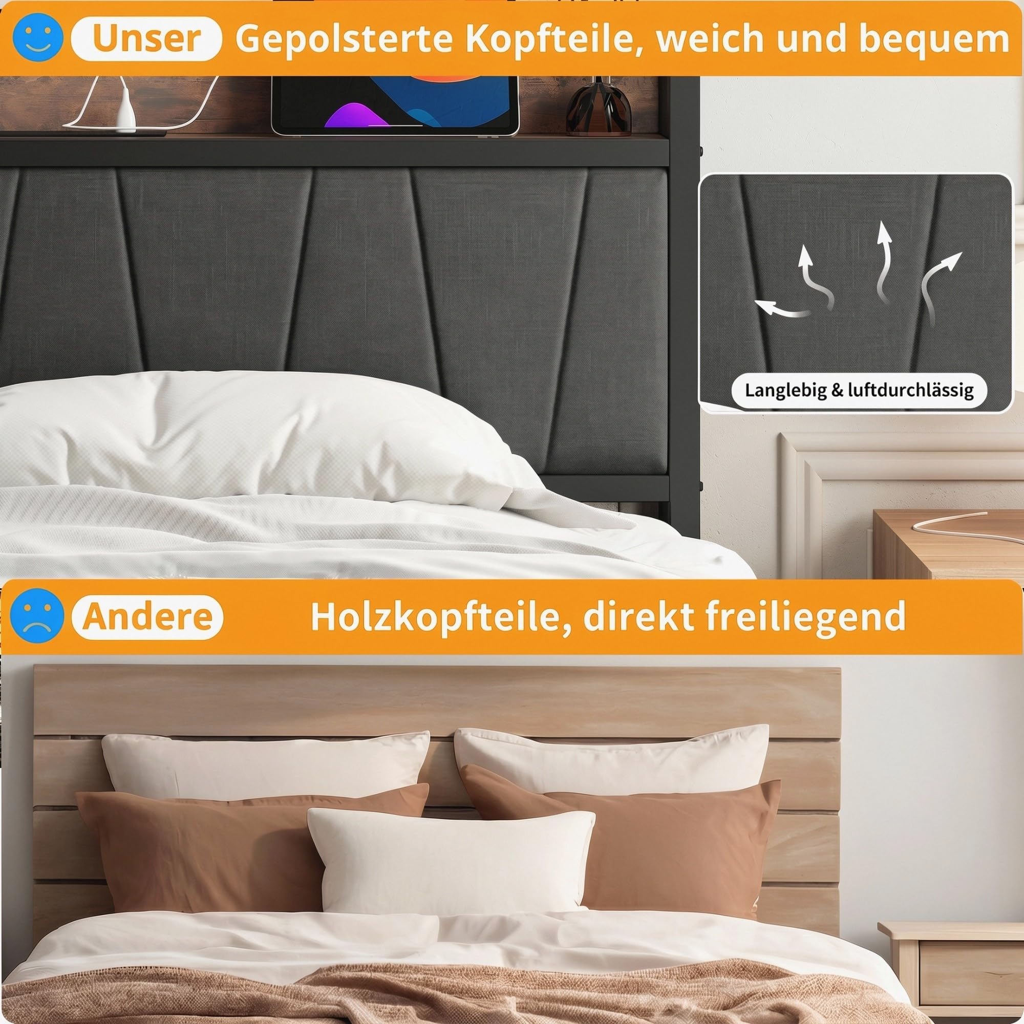 IRONCK Bett 140x200 mit Ladestation (2 AC-Steckdosen, USB-A, USB-C), Bettgestell mit Gepolstertem Kopfteil & Stauraum, Doppelbett für Schlafzimmer, Stabiles Metallbett in Retro Grau