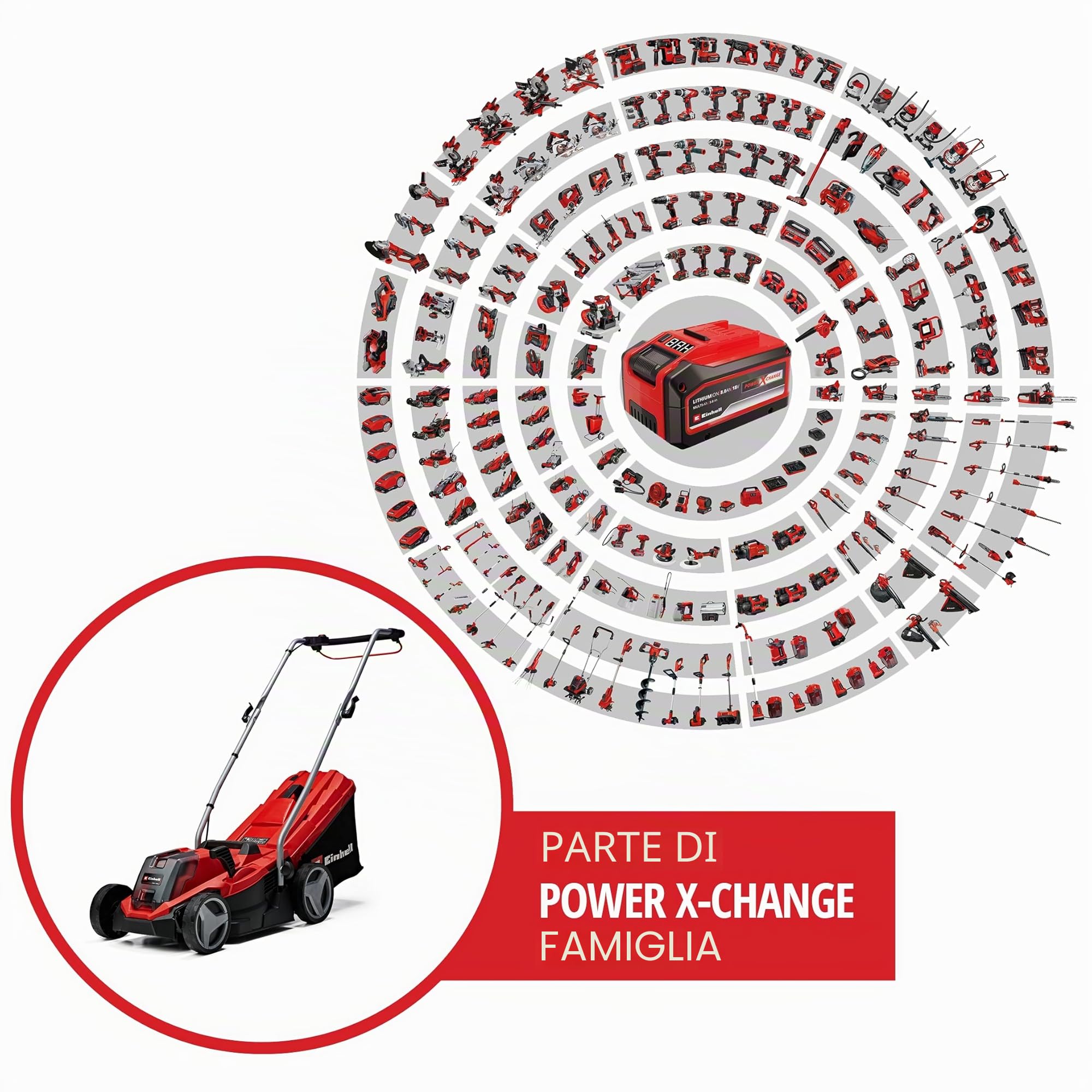 Einhell GE-CM 18/33 Li - Kit (1x4,0Ah) Tagliaerba a batteria Power X-Change (18 V, 4,0 Ah, taglio 33 cm, raccolta 30 L, ruote ant. 150 mm, post. 180 mm, incl. batteria da 4 Ah e caricabatteria)