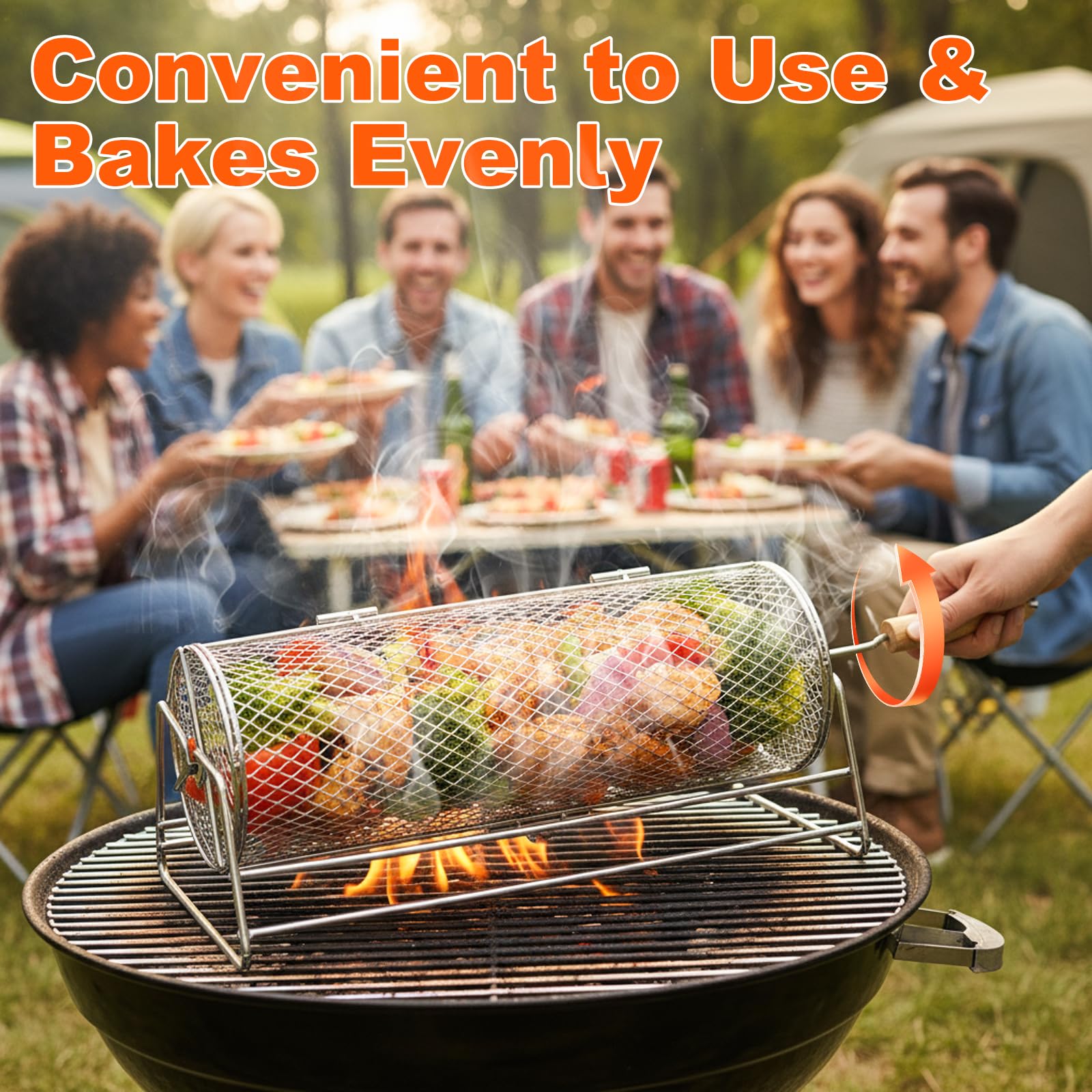 Cestino per Barbecue Girevole, Acciaio Inossidabile 304, Manico in Legno Rimovibile, Cestello per Griglia Impilabile, Accessori BBQ per Verdure,Frutti Mare,Campeggio, Regalo per Papà, Uomini