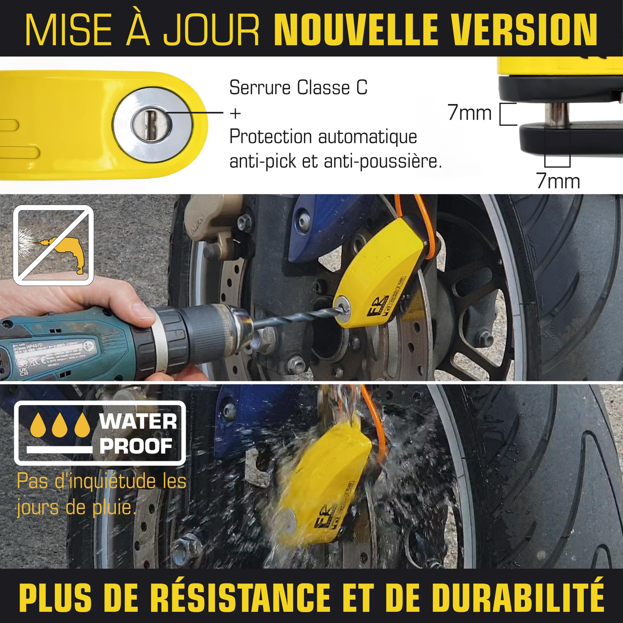 FR SECURITE FR7Y Antivol Moto, Bloc Disque Alarme 110db, Bloque Disque de Haute Sécurité avec 1.5m Câble Rappel, 6 Piles de Rechange et Sac pour Cadenas, Disc Lock pour Moto, Velo, Vespa