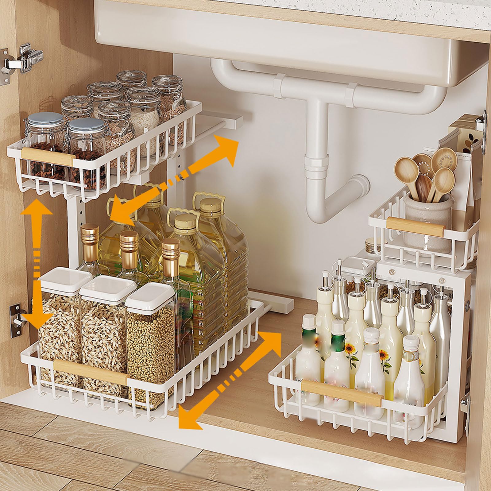Organizador Bajo Fregadero Cocina de 2 Niveles, Organizador Armario Cocina Ajustable en Altura en Forma de L, Organizador Productos Limpieza Extensible, Arrumacao Cozinha (1 Nnidad)