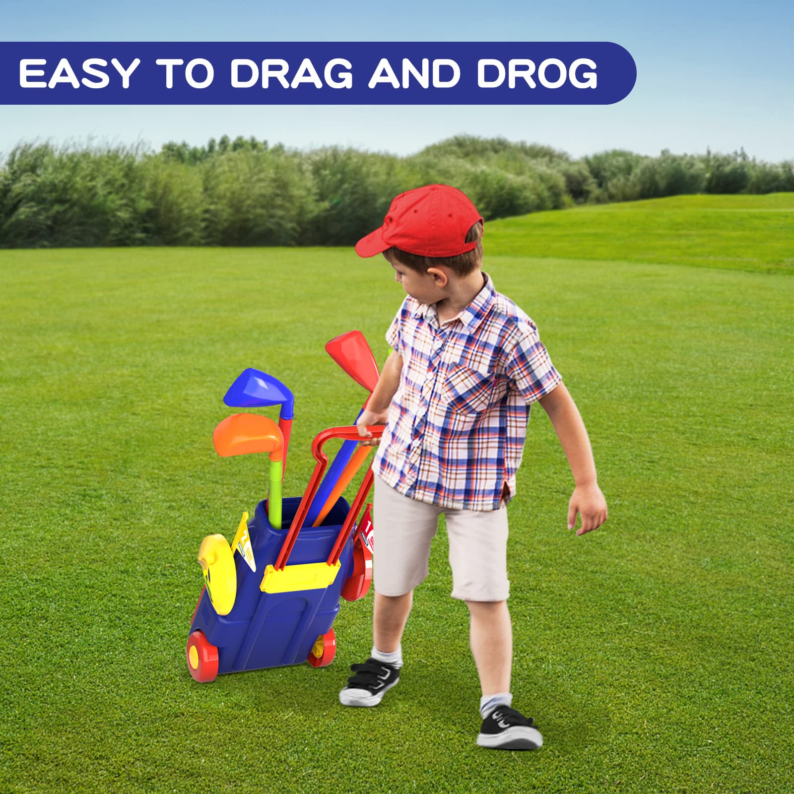 QDRAGON Juego de Golf para Niños, Mini Golf con 4 Palos de Golf, 8 Pelota de Golf, Carro de Golf, Juguetes de Golf Regalo para Infantil Niños, Niñas 3, 4, 5 6 Años